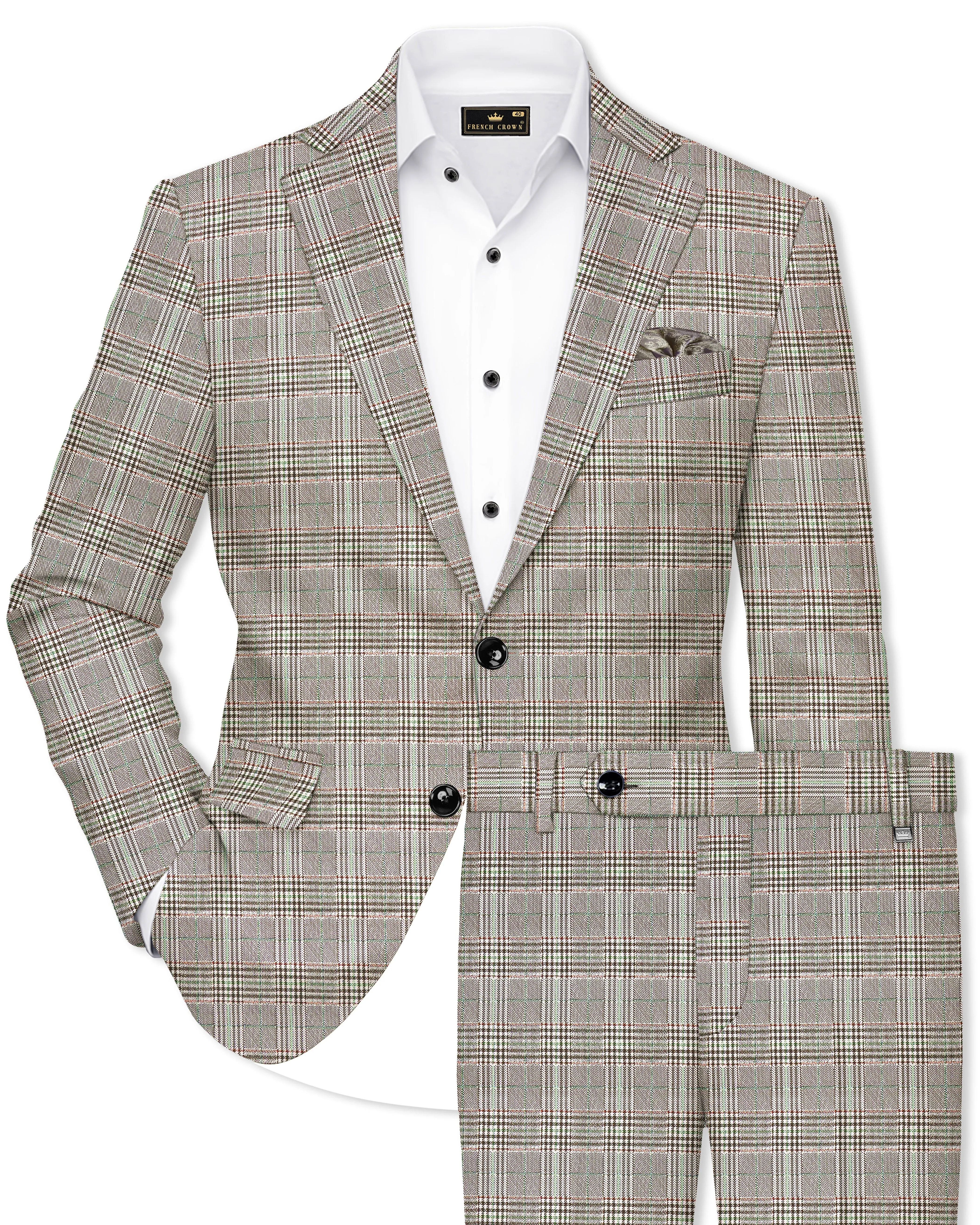 Truffle-Cafe Noir Brown Plaid Wool Rich Single Breasted Suit sold by French Crown