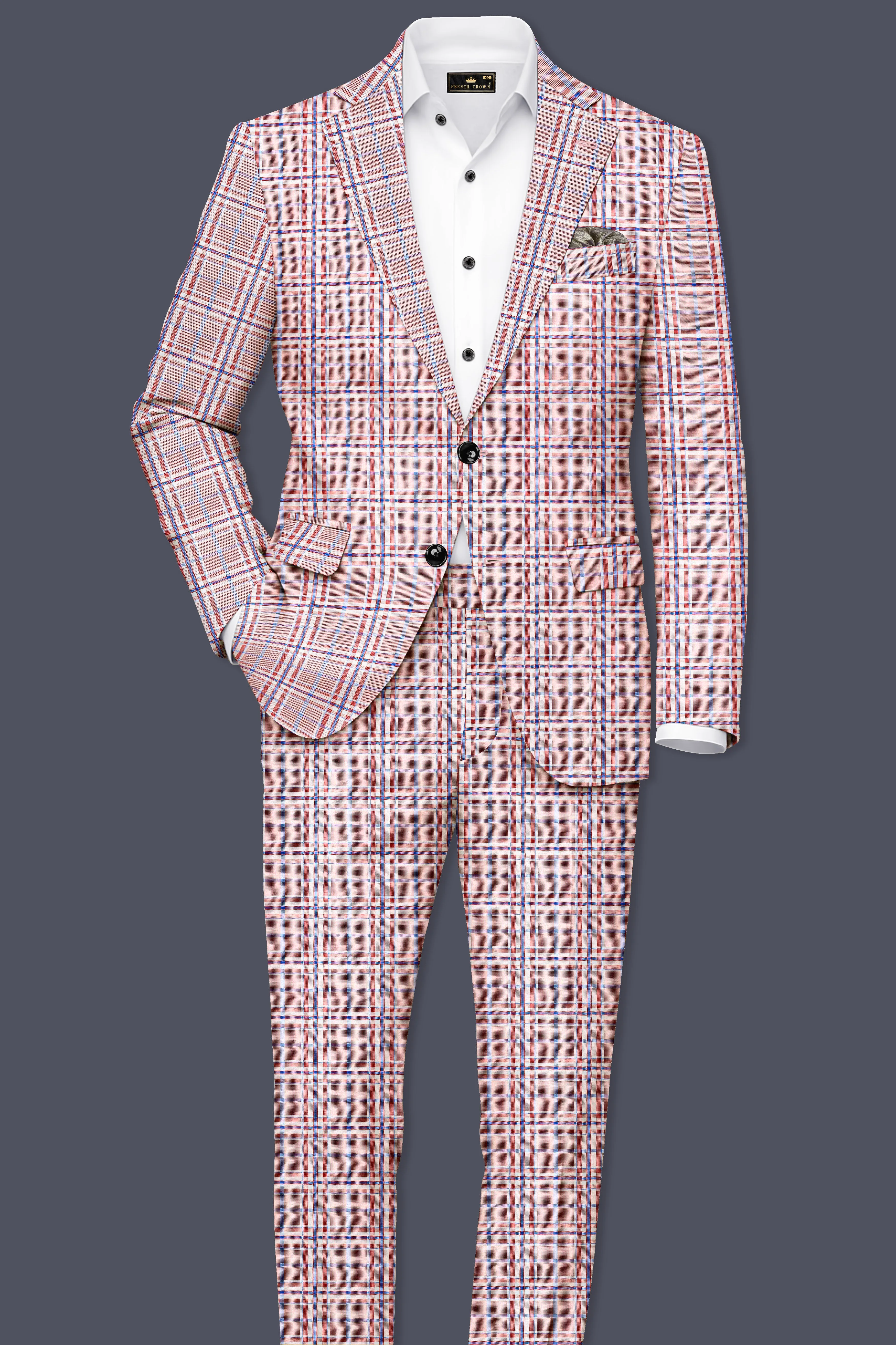 Velour-Turkish Rose Pink And Wild Blue Plaid Wool Rich Single Breasted Suit sold by French Crown product image thumbnail 4