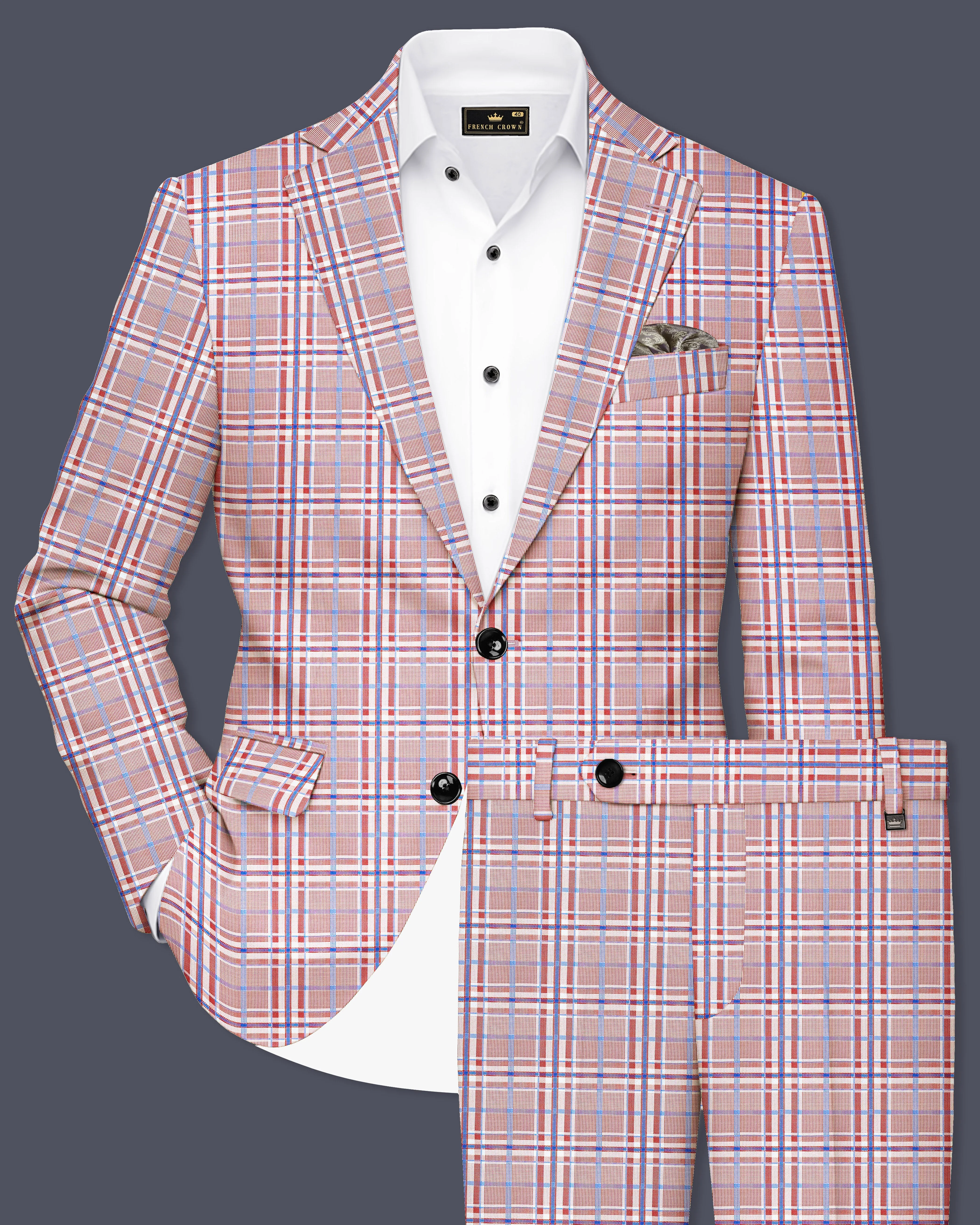 Velour-Turkish Rose Pink And Wild Blue Plaid Wool Rich Single Breasted Suit sold by French Crown