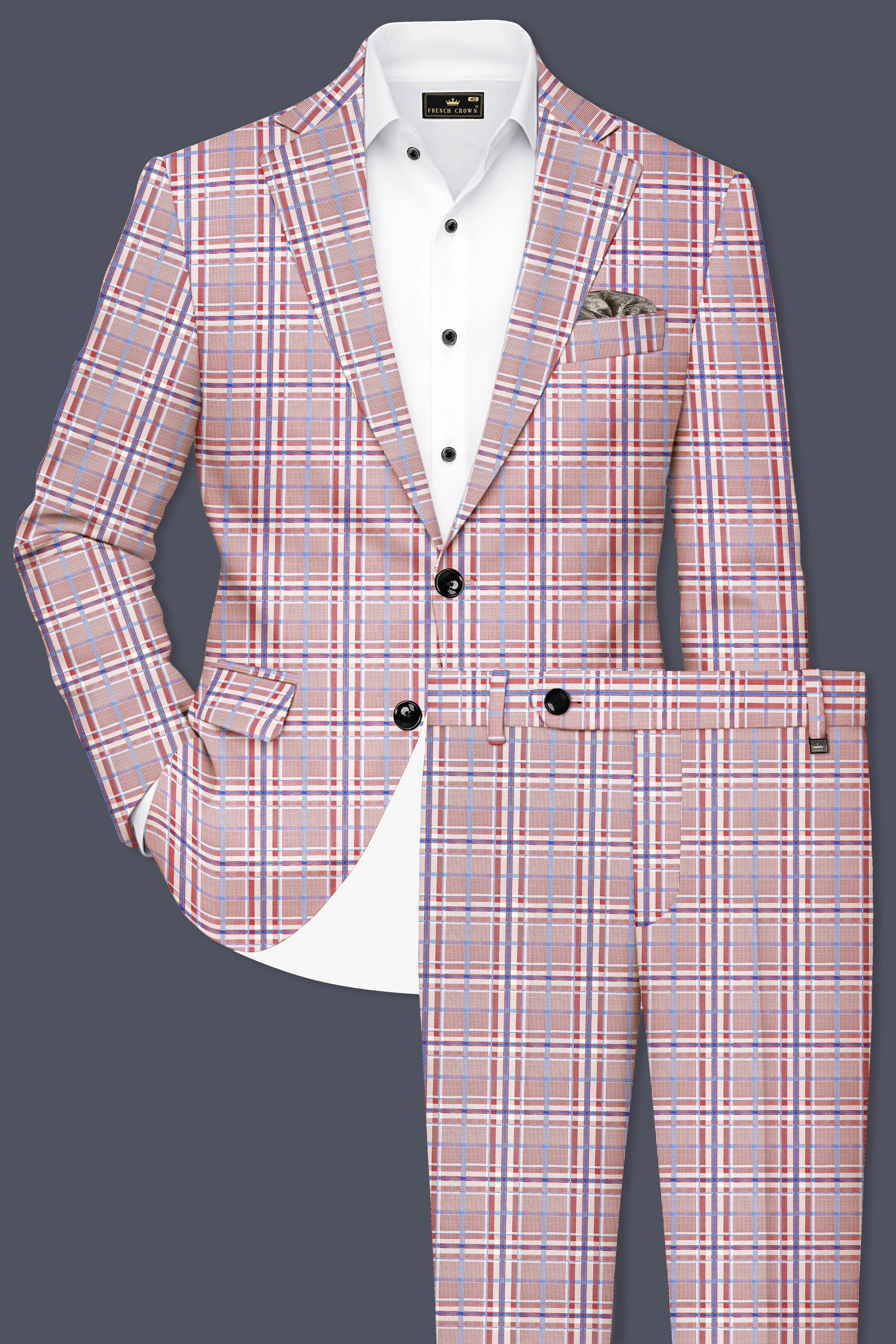 Velour-Turkish Rose Pink And Wild Blue Plaid Wool Rich Single Breasted Suit sold by French Crown product image thumbnail 2
