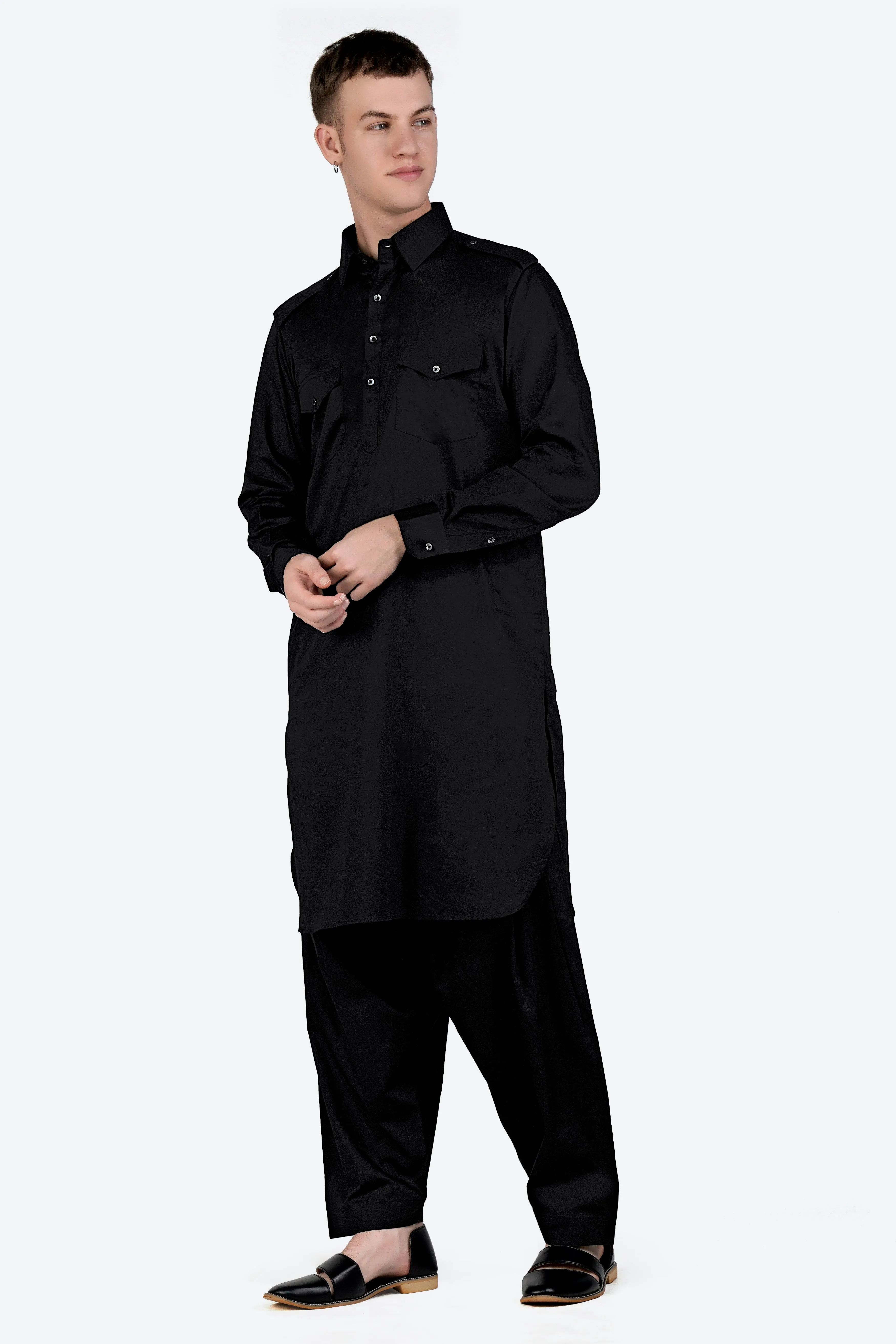 Jade Black Subtle Sheen Super Soft Premium Cotton Pathani Set sold by French Crown product image thumbnail 2