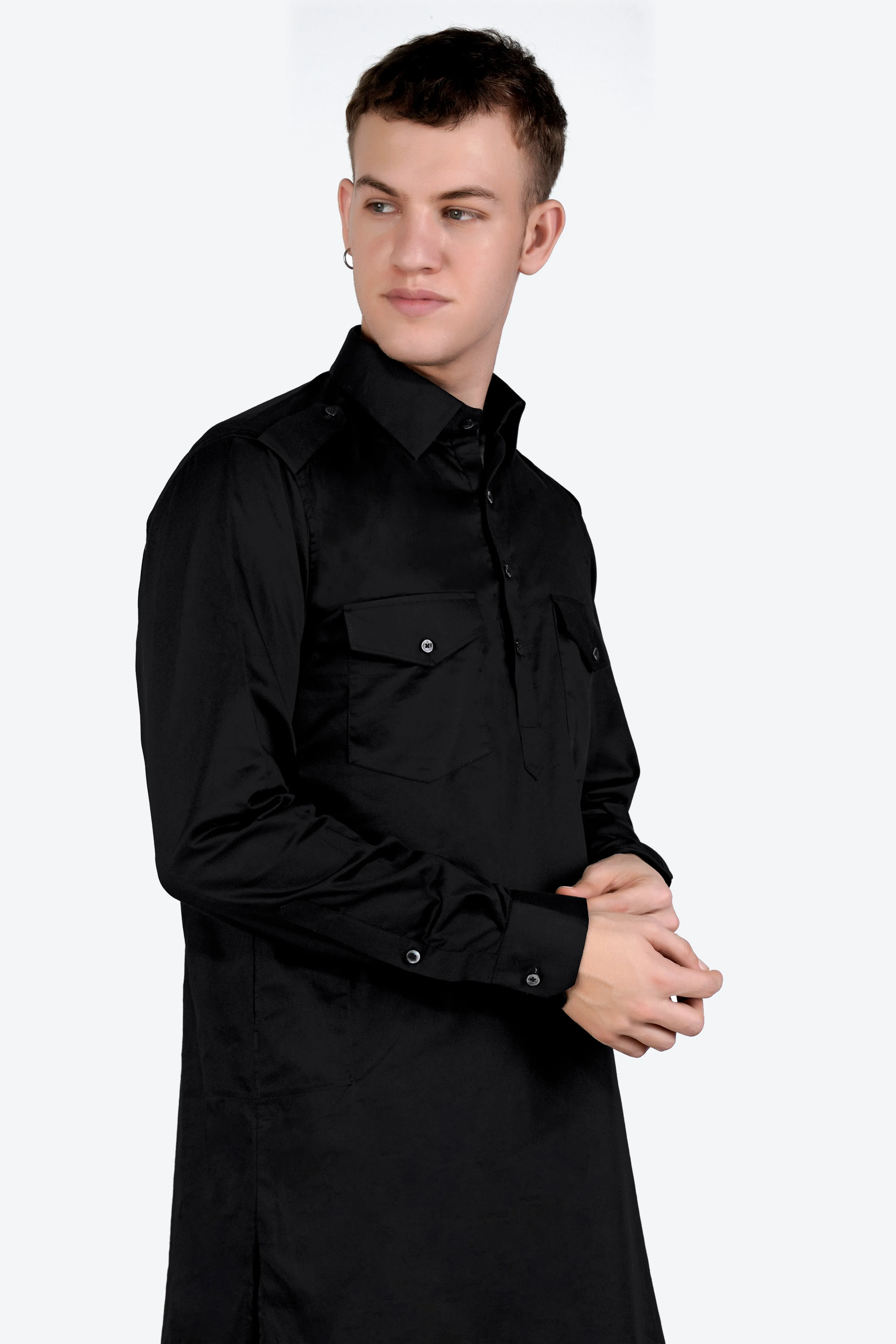 Jade Black Subtle Sheen Super Soft Premium Cotton Pathani Set sold by French Crown product image thumbnail 4