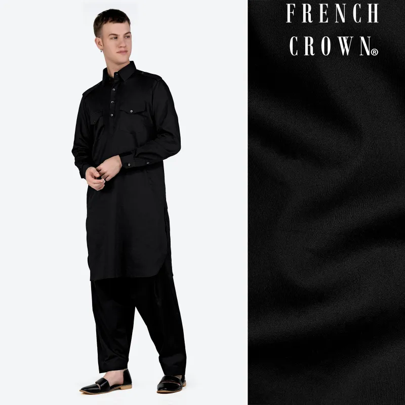 Jade Black Subtle Sheen Super Soft Premium Cotton Pathani Set made by French Crown
