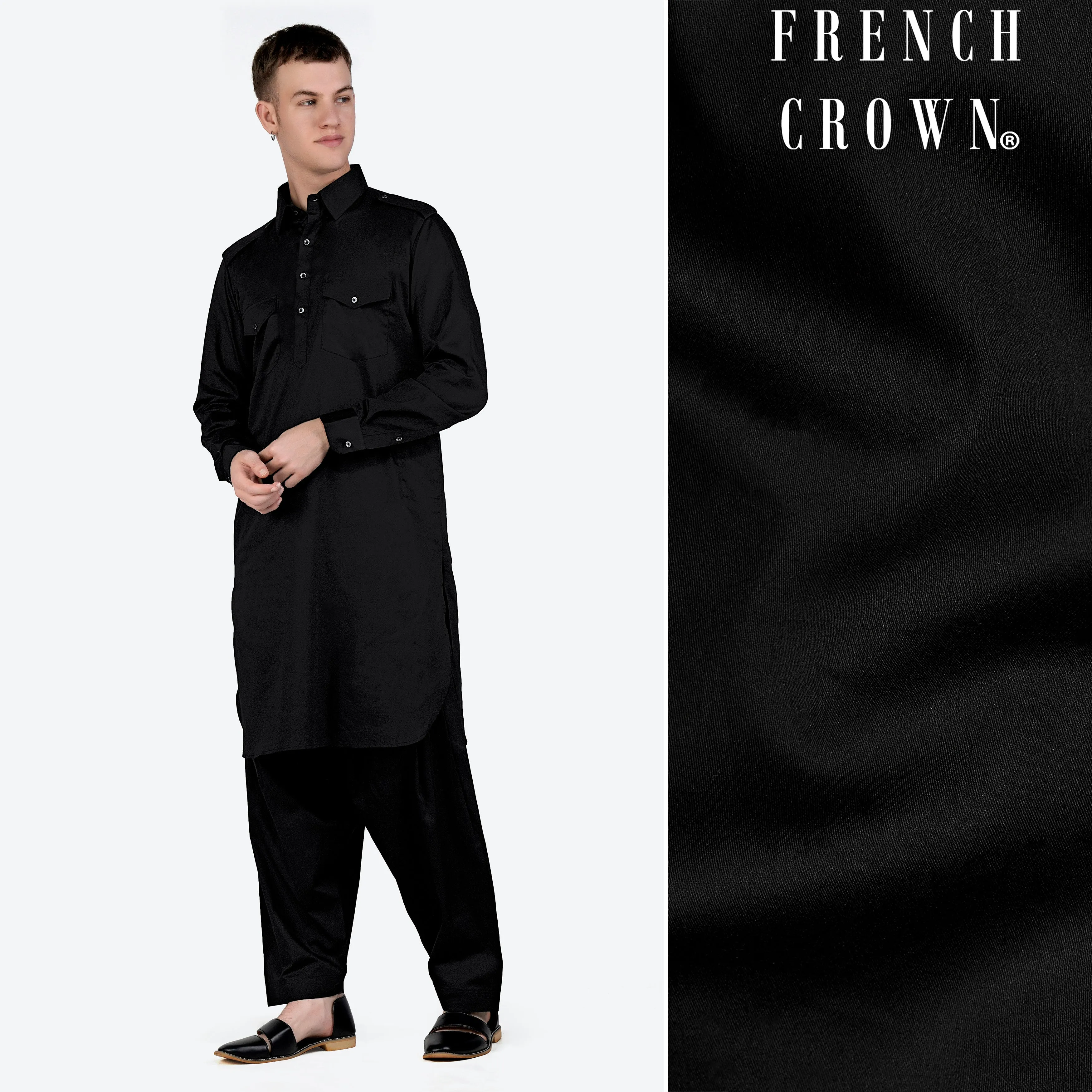 Jade Black Subtle Sheen Super Soft Premium Cotton Pathani Set sold by French Crown