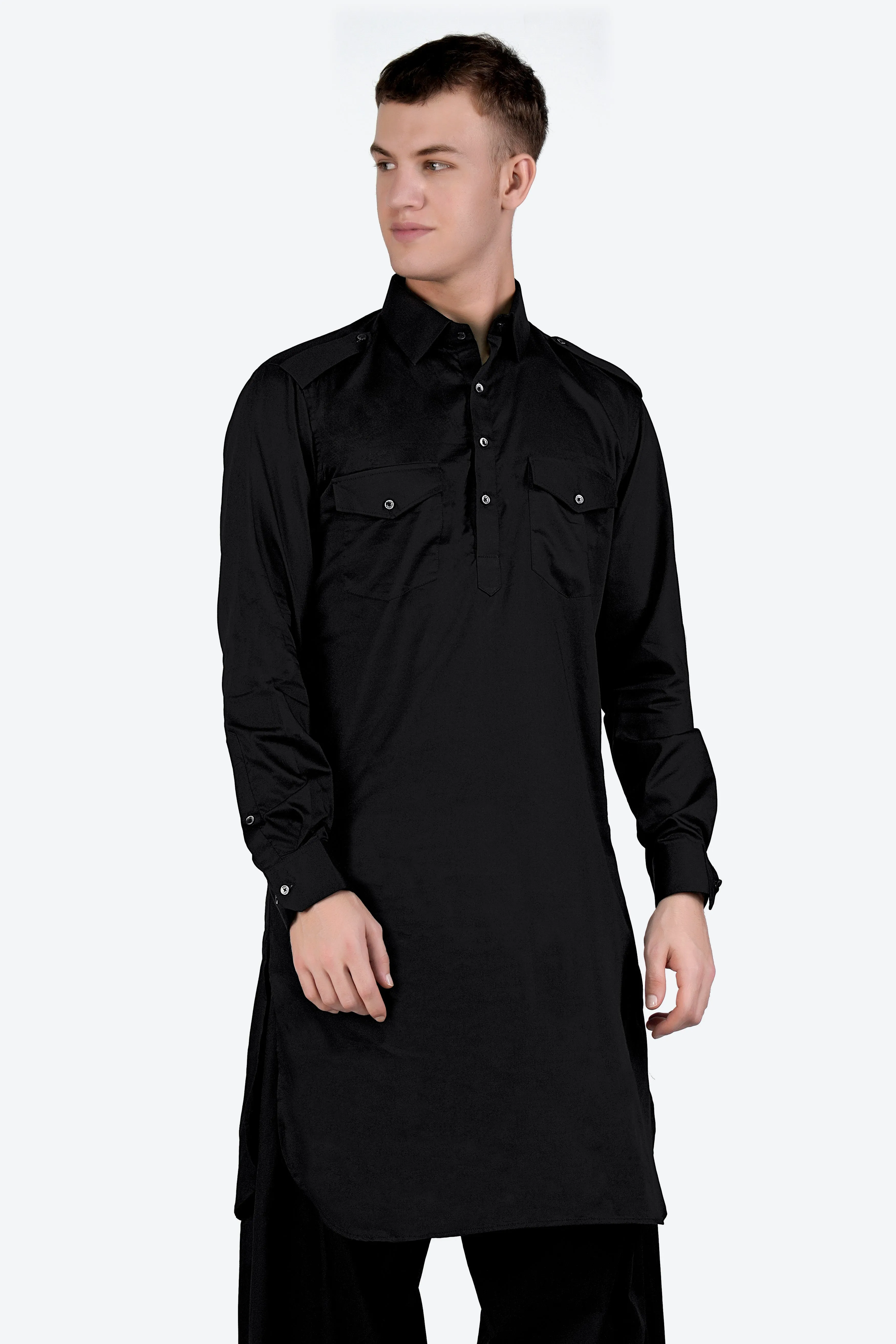 Jade Black Subtle Sheen Super Soft Premium Cotton Pathani Set sold by French Crown product image thumbnail 5
