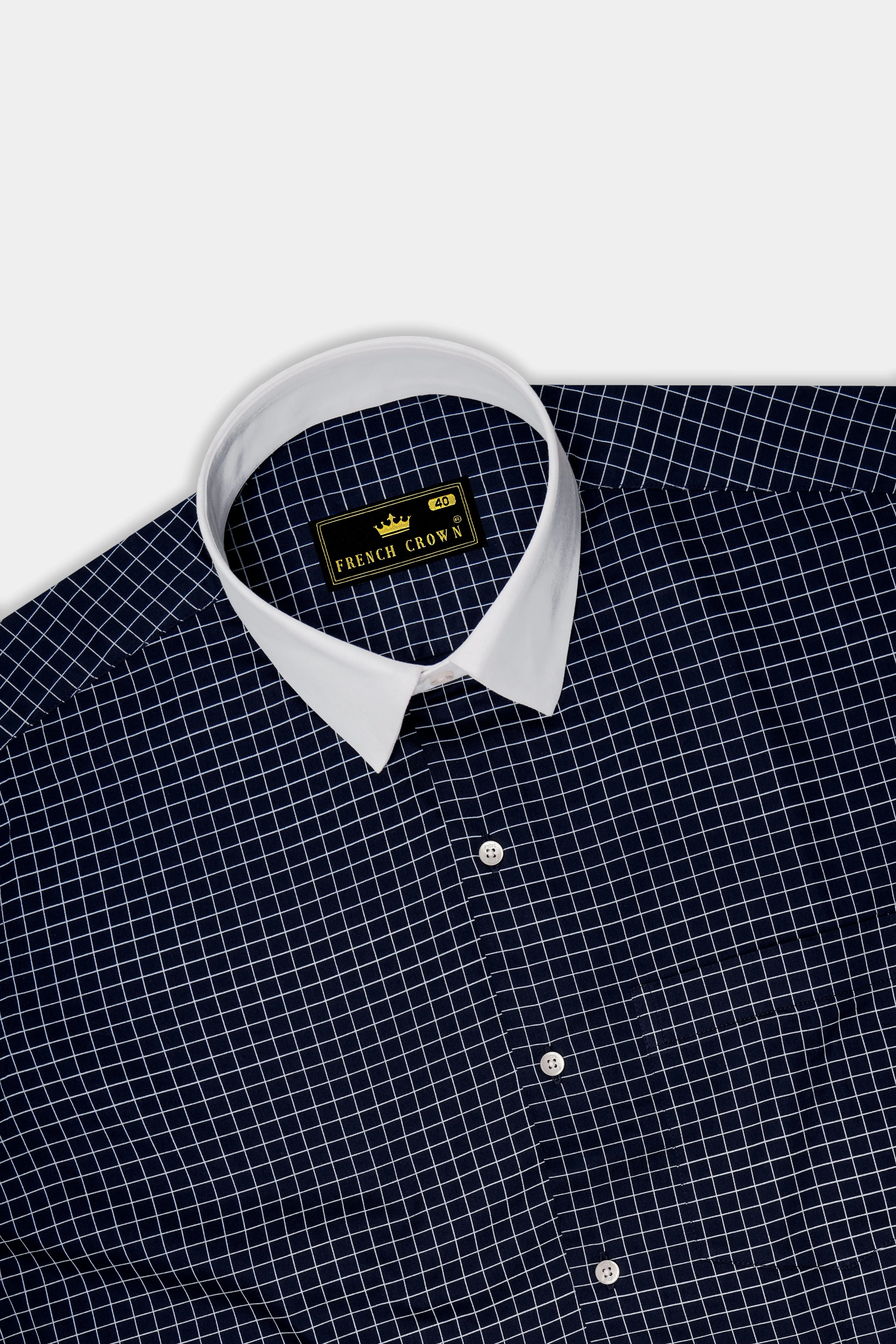 Drift-Cinder Blue And Bright White Plaid Subtle Sheen Super Soft Premium Cotton Dress White Cuff Collar Shirt sold by French Crown product image thumbnail 5
