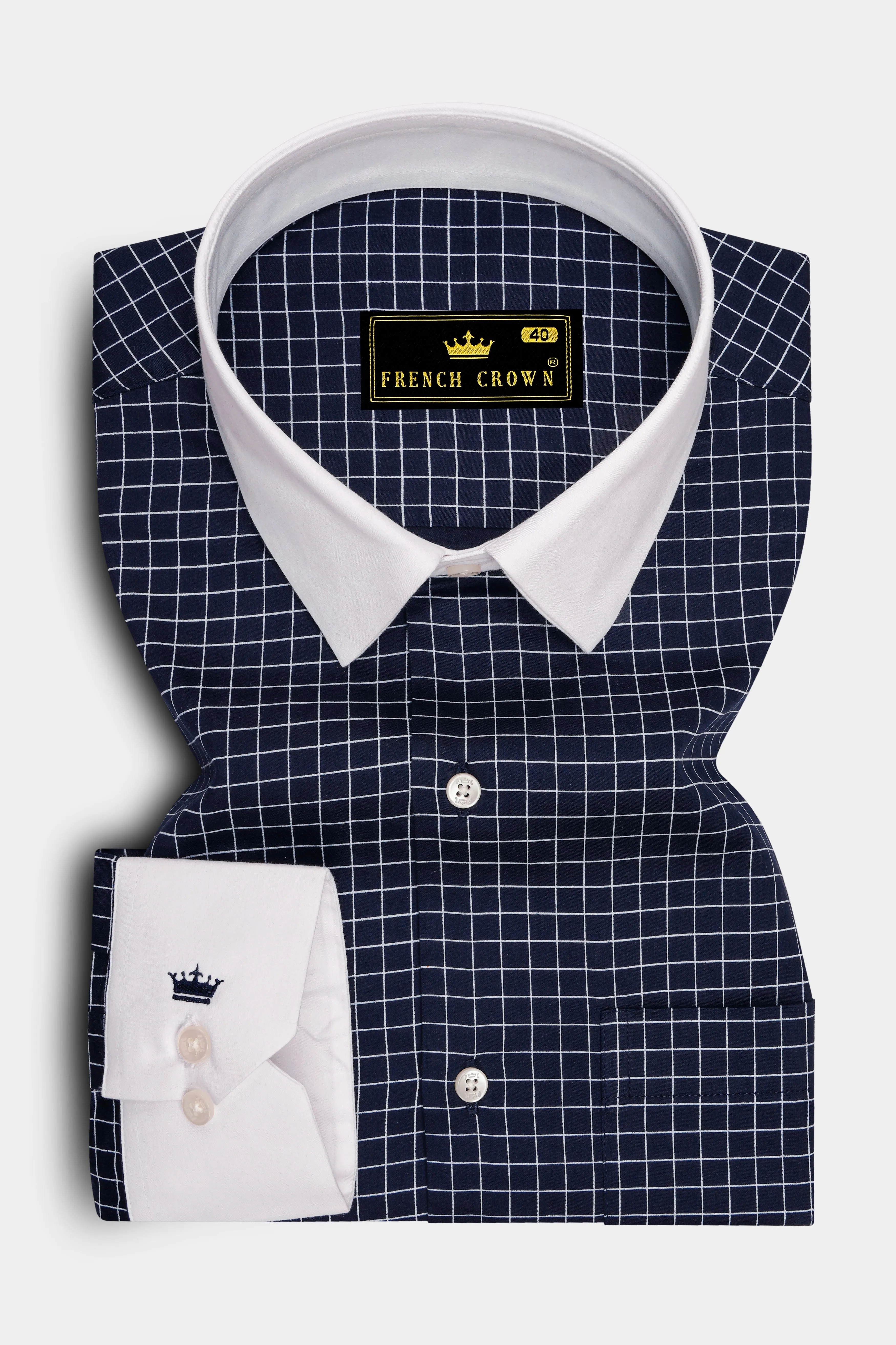 Drift-Cinder Blue And Bright White Plaid Subtle Sheen Super Soft Premium Cotton Dress White Cuff Collar Shirt sold by French Crown product image thumbnail 2