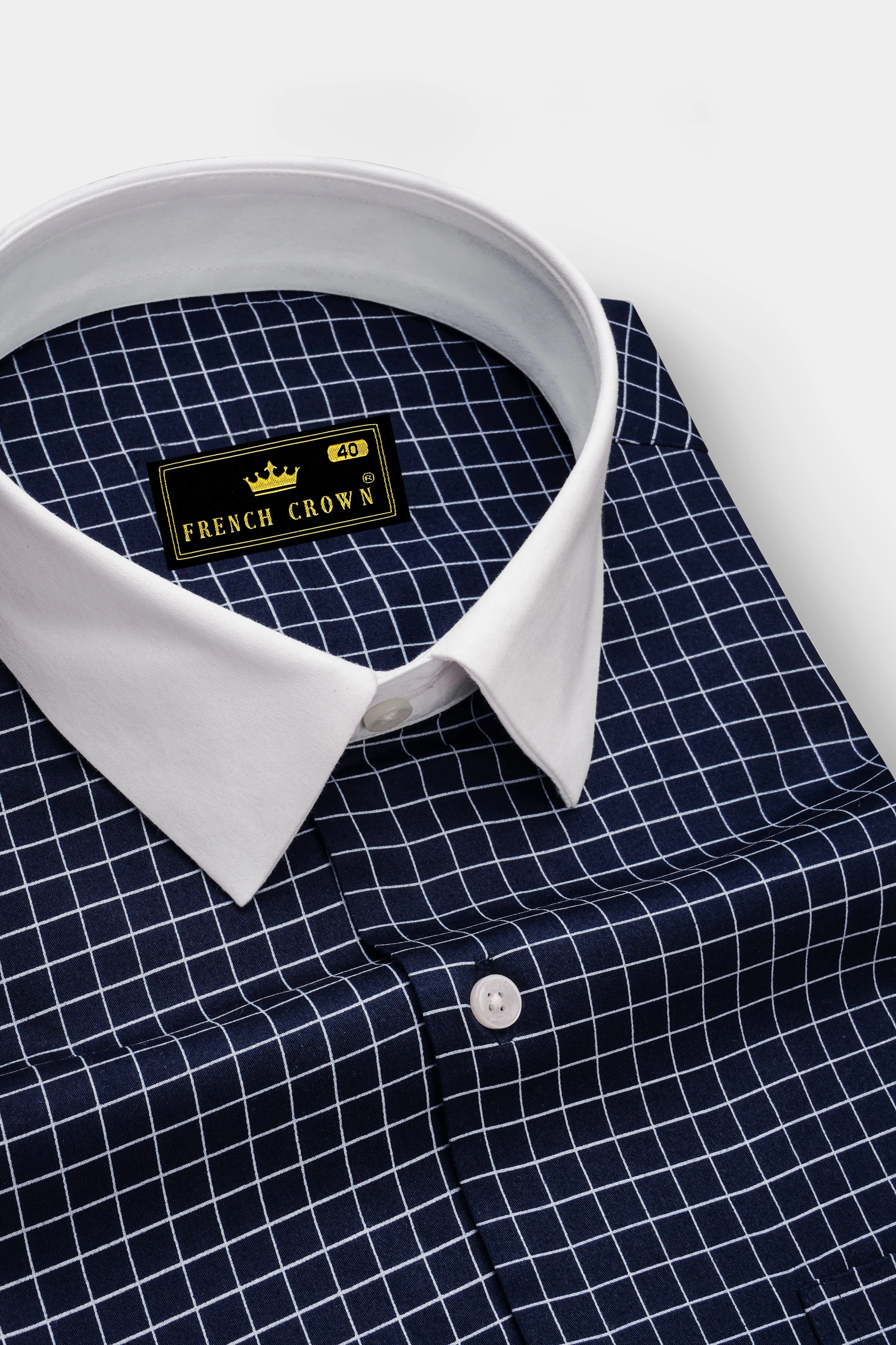 Drift-Cinder Blue And Bright White Plaid Subtle Sheen Super Soft Premium Cotton Dress White Cuff Collar Shirt sold by French Crown product image thumbnail 4
