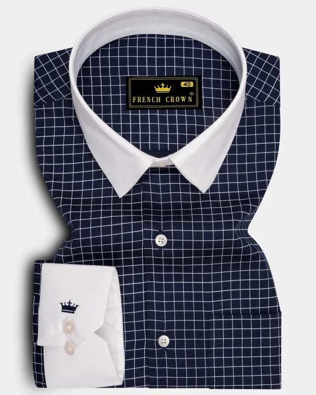 Drift-Cinder Blue And Bright White Plaid Subtle Sheen Super Soft Premium Cotton Dress White Cuff Collar Shirt made by French Crown