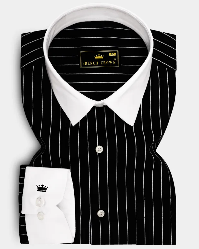 Regalux-Jade Black And Bright White Pin Striped Super Soft Premium Cotton Dress White Cuff Collar Shirt made by French Crown