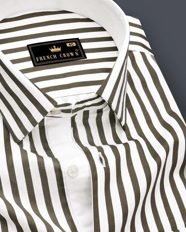 Meadow-Hemlock Green And Bright White Candy Striped Subtle Sheen Soft Premium Cotton Dress Shirt made by French Crown