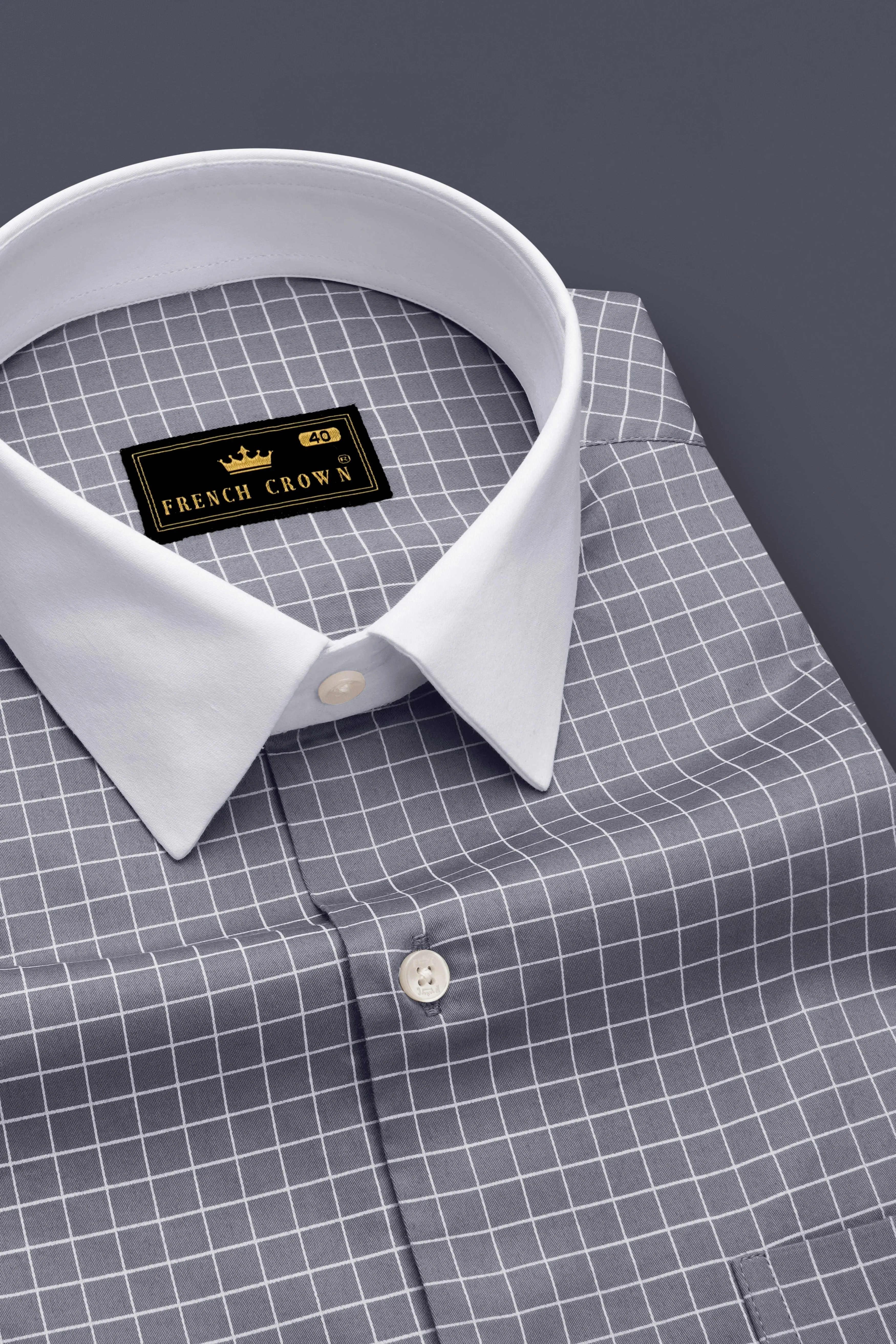 Sterling-Mobster Gray And Bright White Plaid Subtle Sheen Super Soft Premium Cotton Dress White Cuff Collar Shirt sold by French Crown product image thumbnail 4