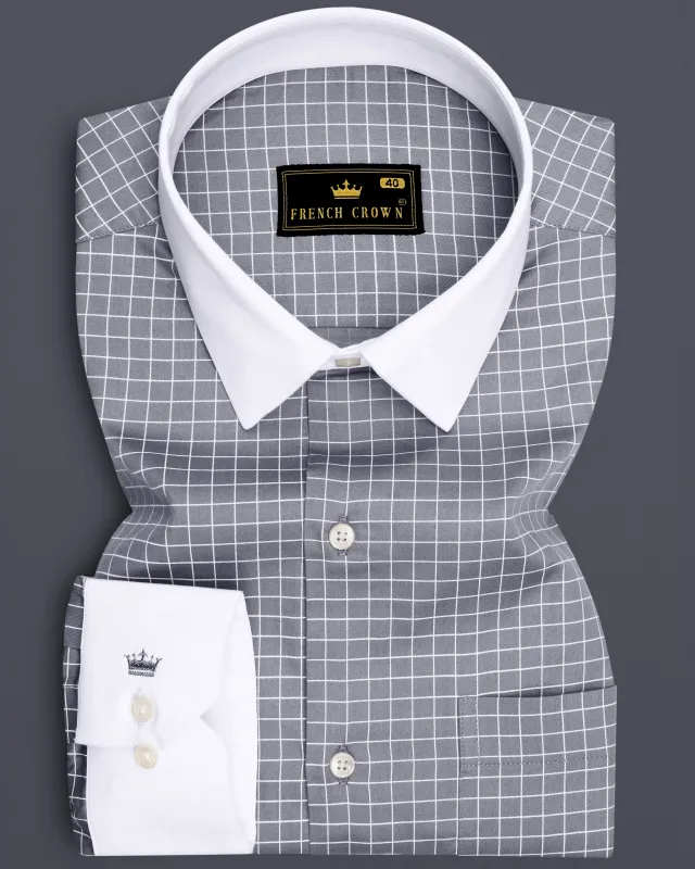 Sterling-Mobster Gray And Bright White Plaid Subtle Sheen Super Soft Premium Cotton Dress White Cuff Collar Shirt made by French Crown