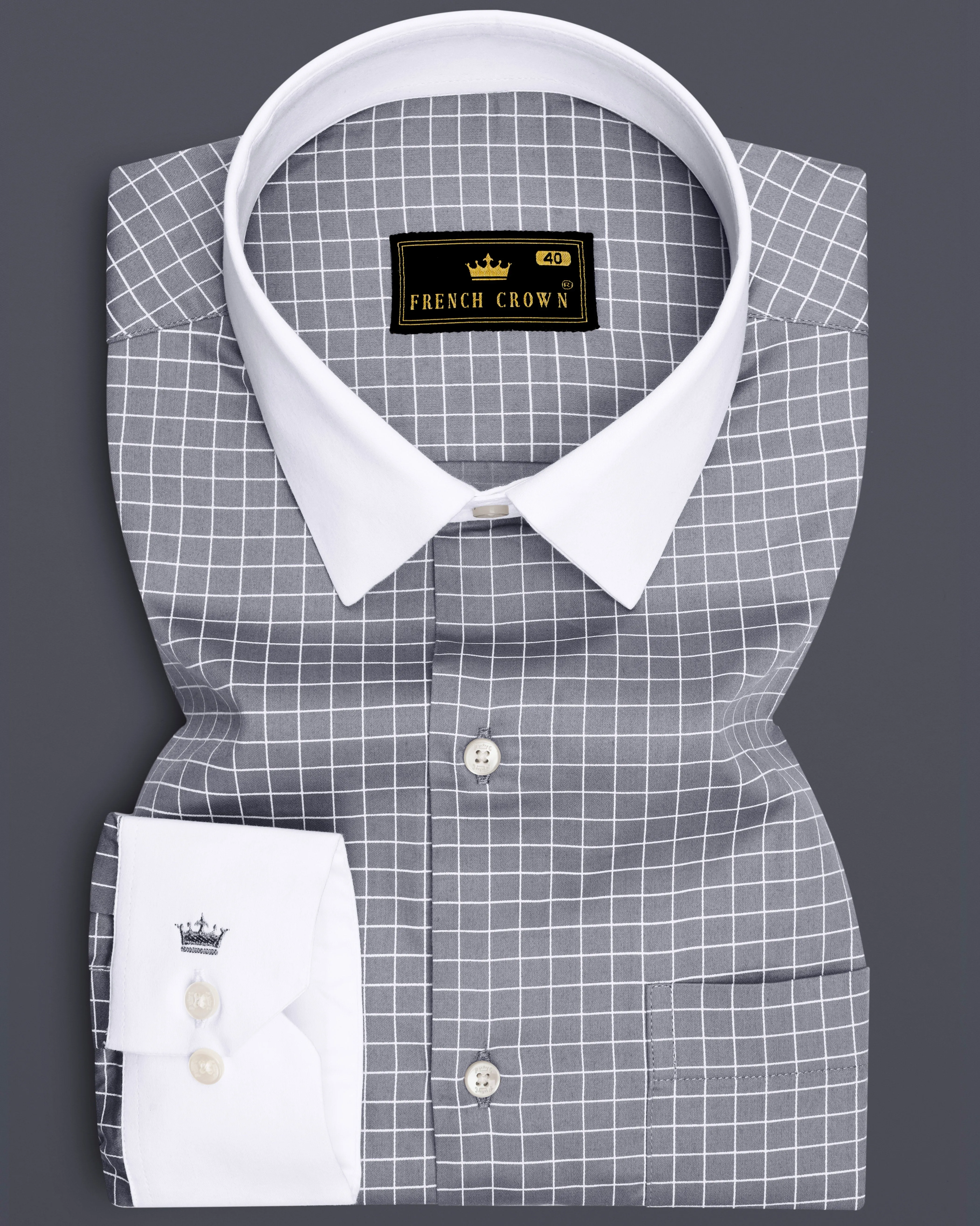 Sterling-Mobster Gray And Bright White Plaid Subtle Sheen Super Soft Premium Cotton Dress White Cuff Collar Shirt sold by French Crown