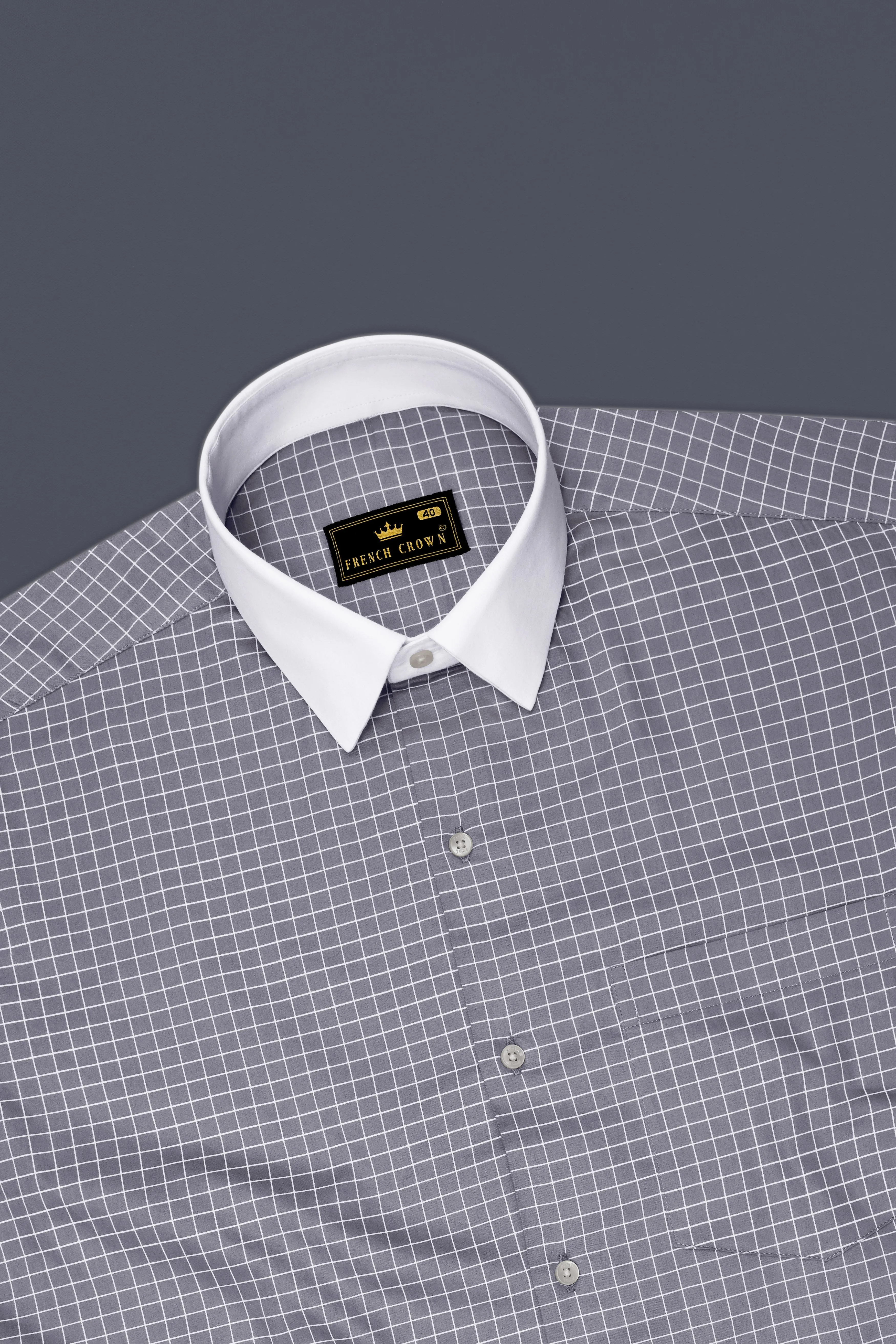 Sterling-Mobster Gray And Bright White Plaid Subtle Sheen Super Soft Premium Cotton Dress White Cuff Collar Shirt sold by French Crown product image thumbnail 5