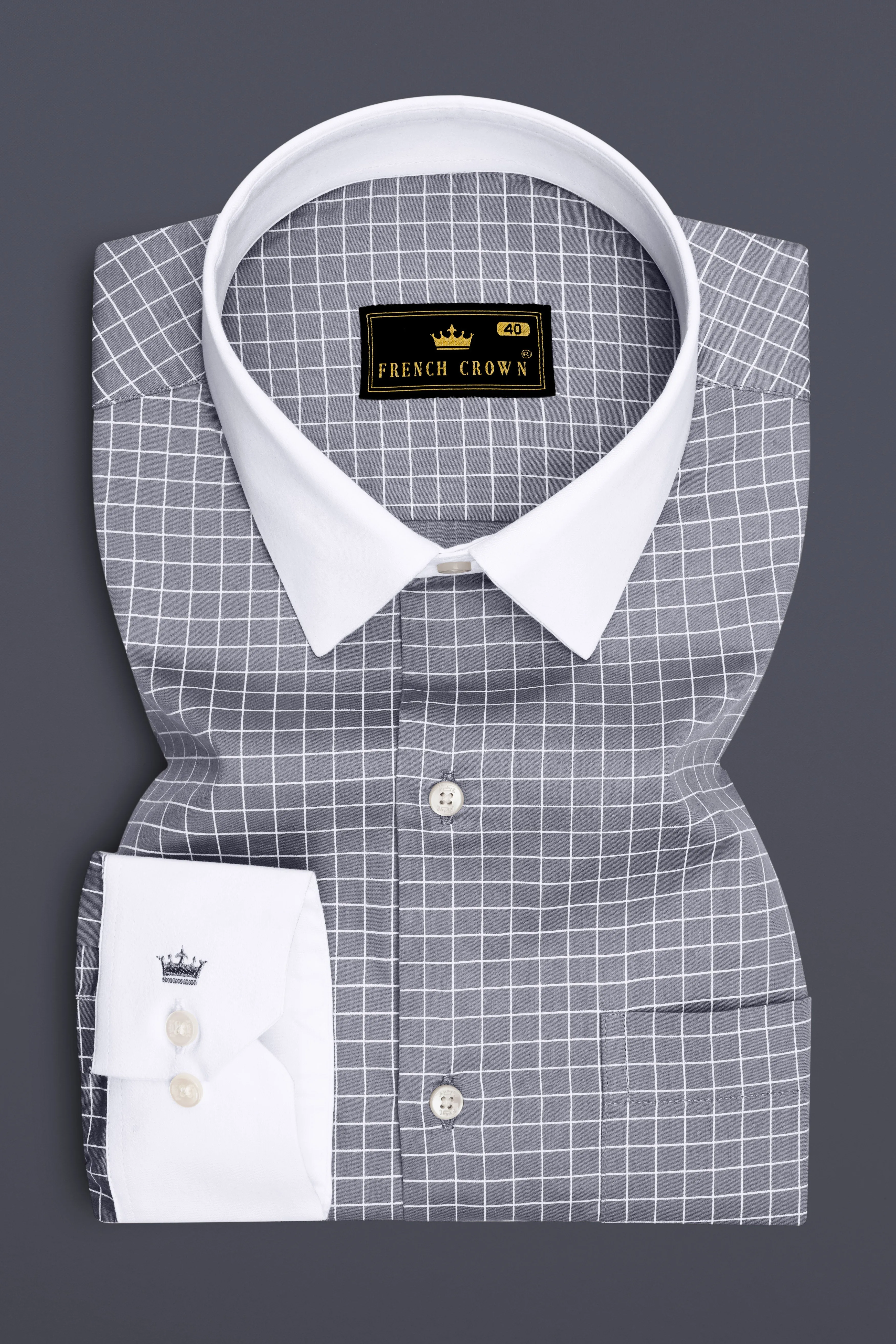 Sterling-Mobster Gray And Bright White Plaid Subtle Sheen Super Soft Premium Cotton Dress White Cuff Collar Shirt sold by French Crown product image thumbnail 2