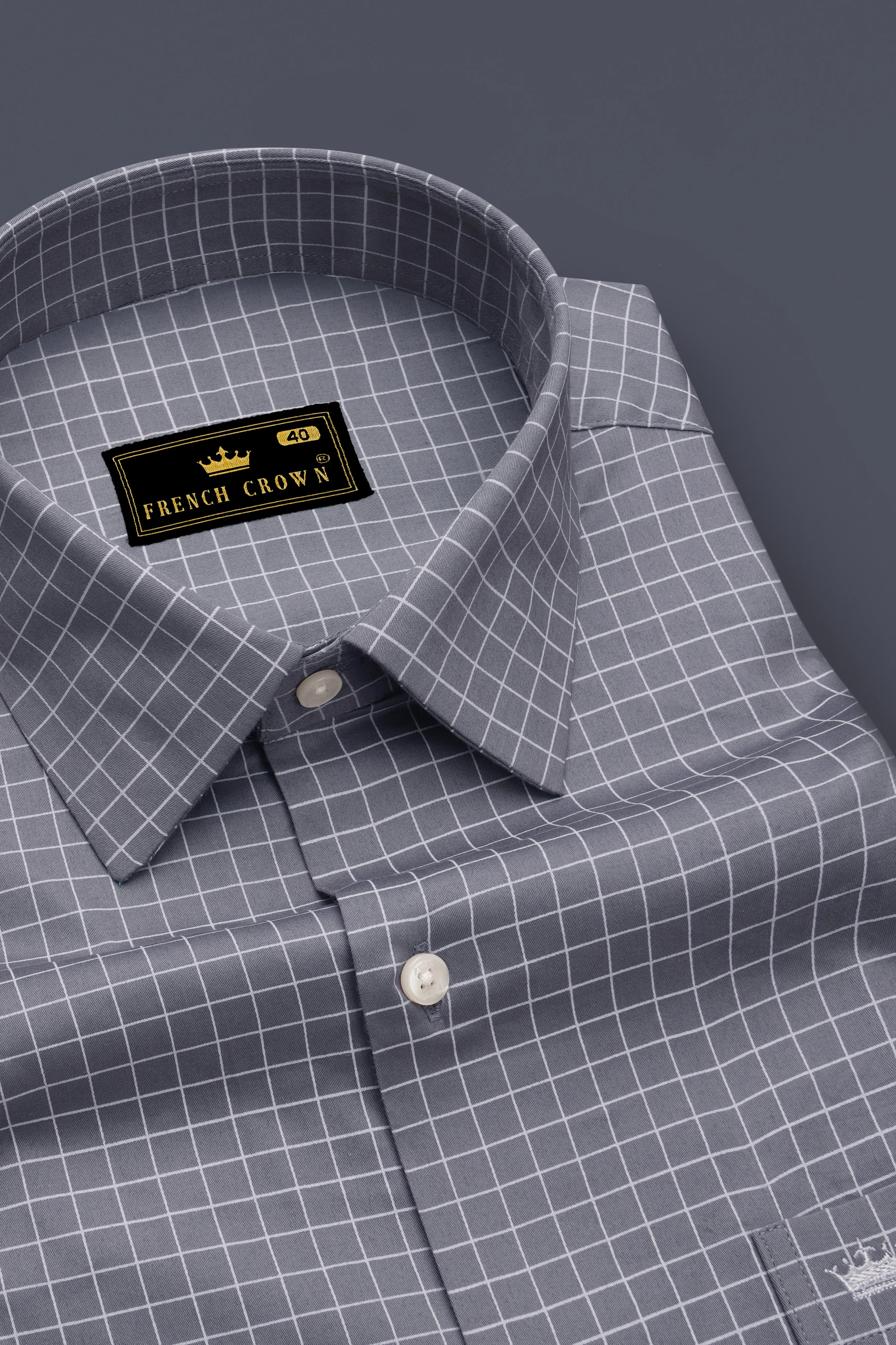 Sterling-Mobster Gray And Bright White Plaid Subtle Sheen Super Soft Premium Cotton Dress Shirt sold by French Crown product image thumbnail 2