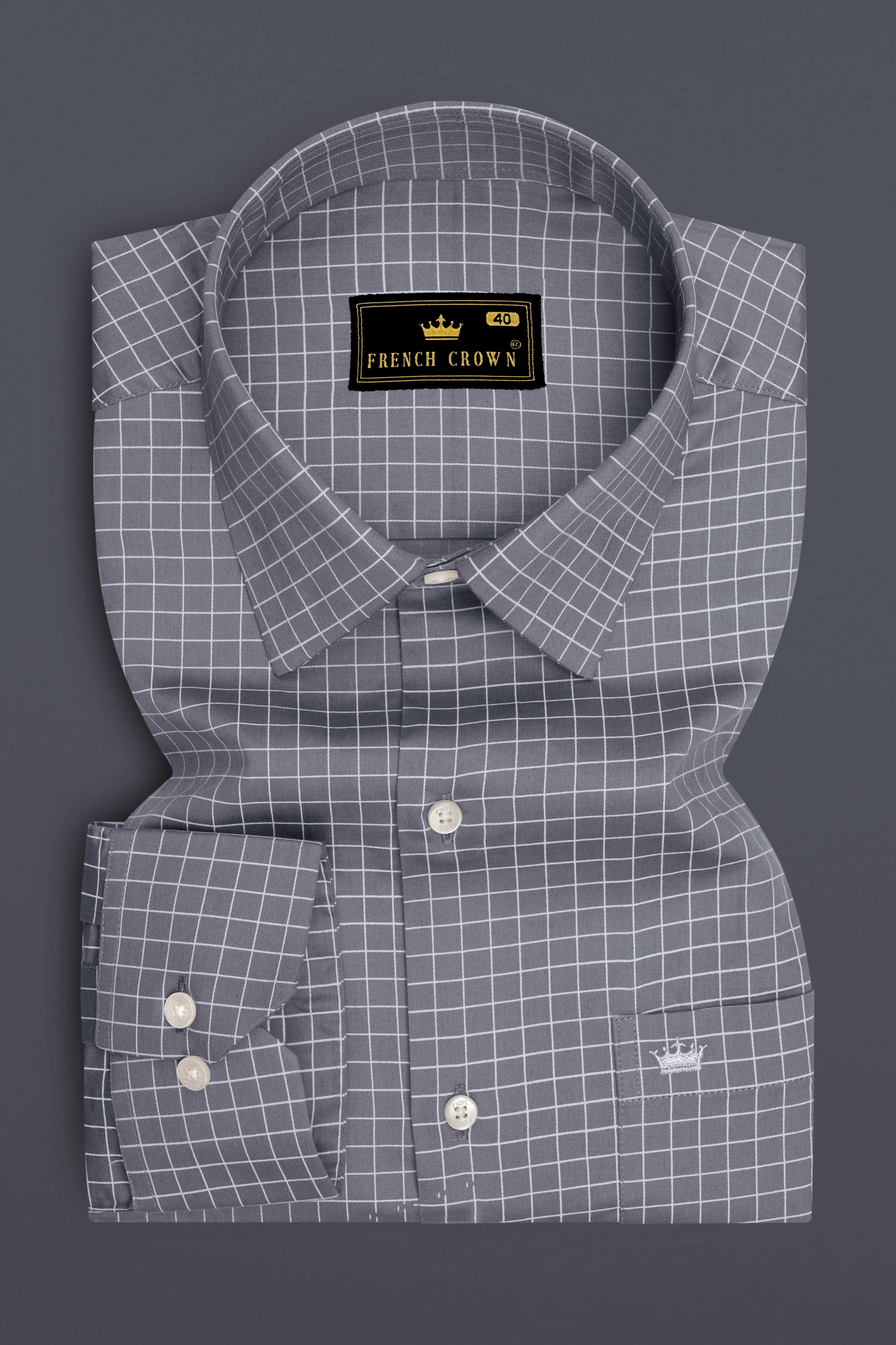 Sterling-Mobster Gray And Bright White Plaid Subtle Sheen Super Soft Premium Cotton Dress Shirt sold by French Crown product image thumbnail 4