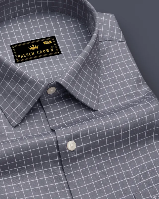 Sterling-Mobster Gray And Bright White Plaid Subtle Sheen Super Soft Premium Cotton Dress Shirt made by French Crown