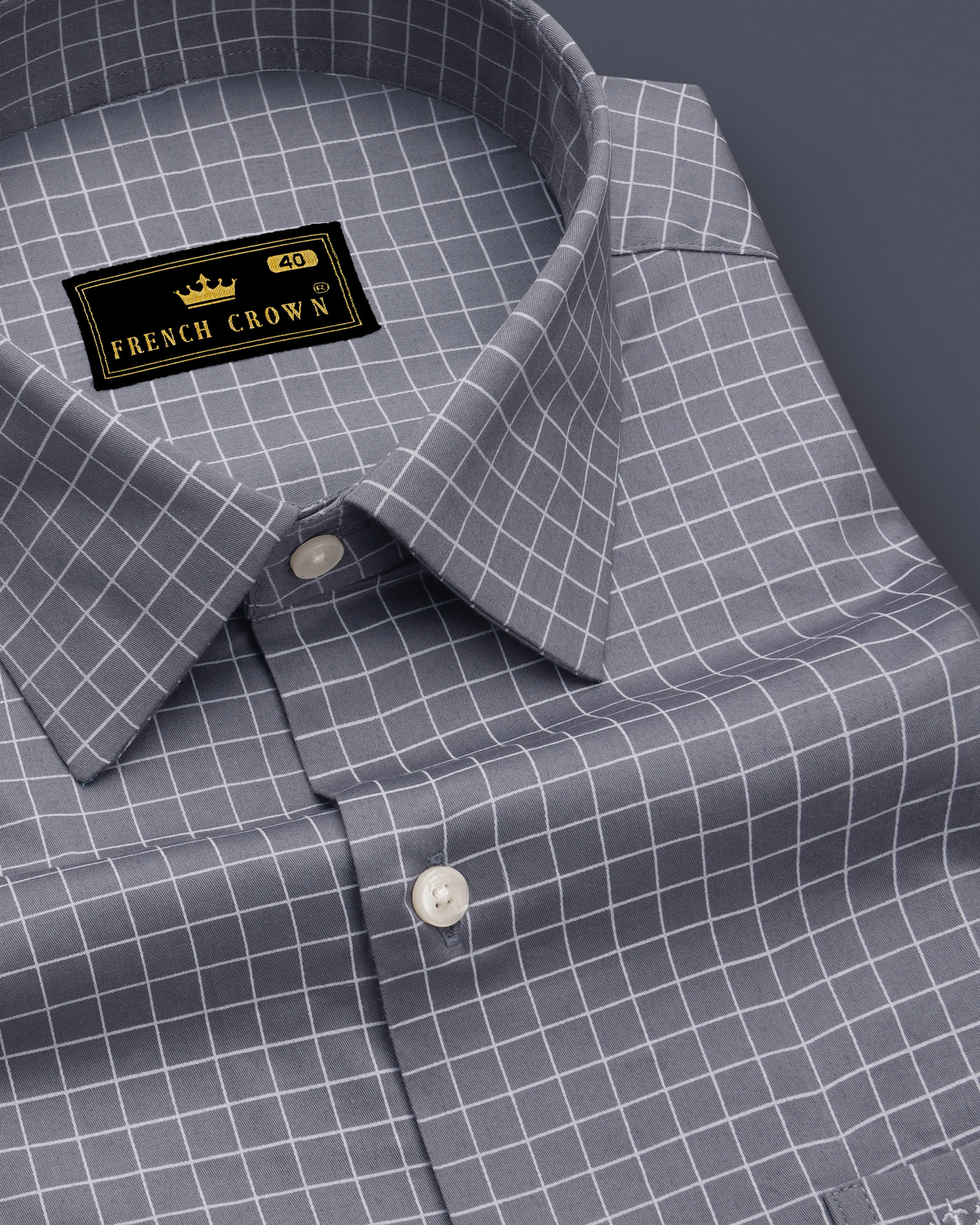 Sterling-Mobster Gray And Bright White Plaid Subtle Sheen Super Soft Premium Cotton Dress Shirt sold by French Crown