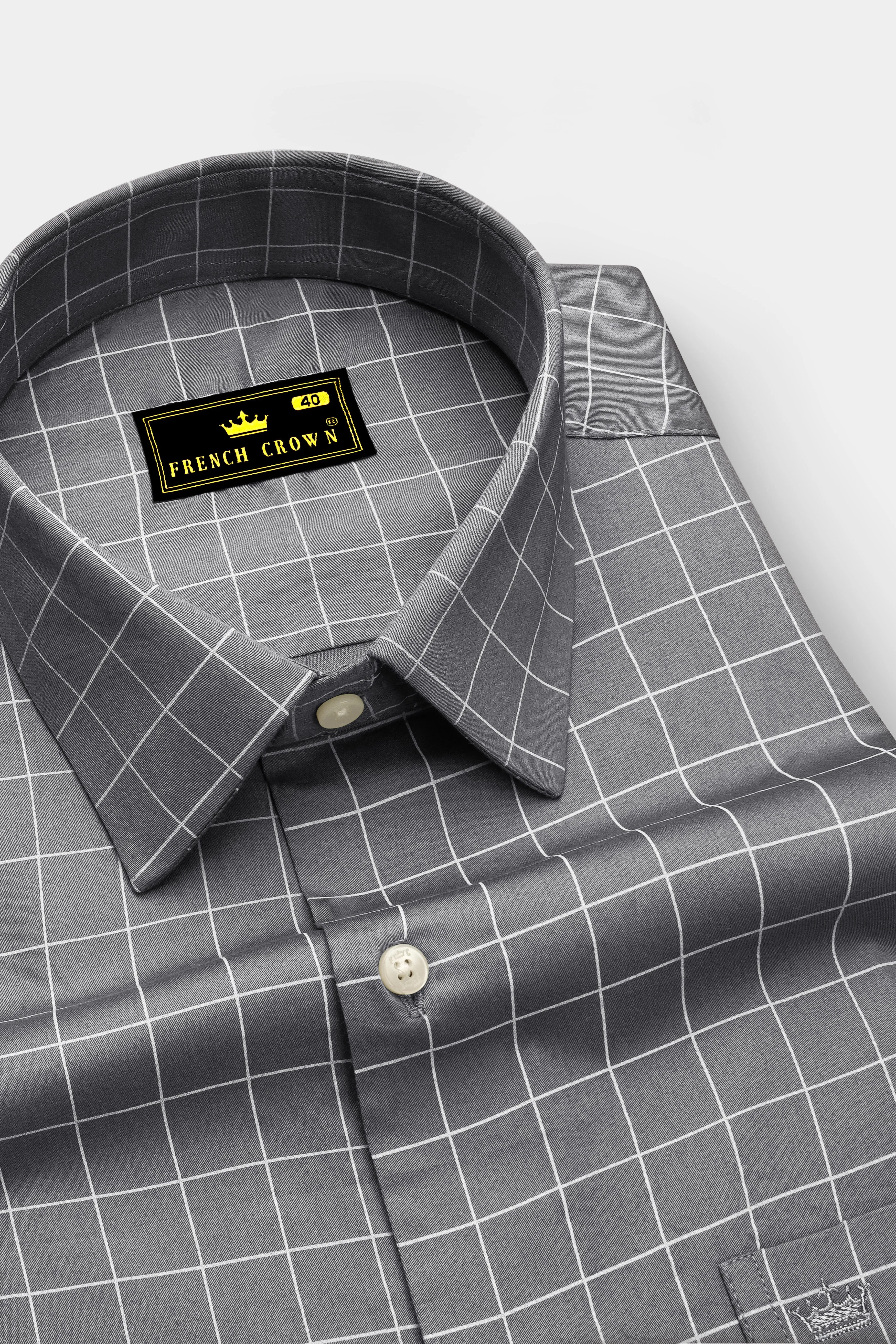 Argent-Shuttle Gray And Bright White Windowpane Subtle Sheen Super Soft Premium Cotton Dress Shirt sold by French Crown product image thumbnail 2