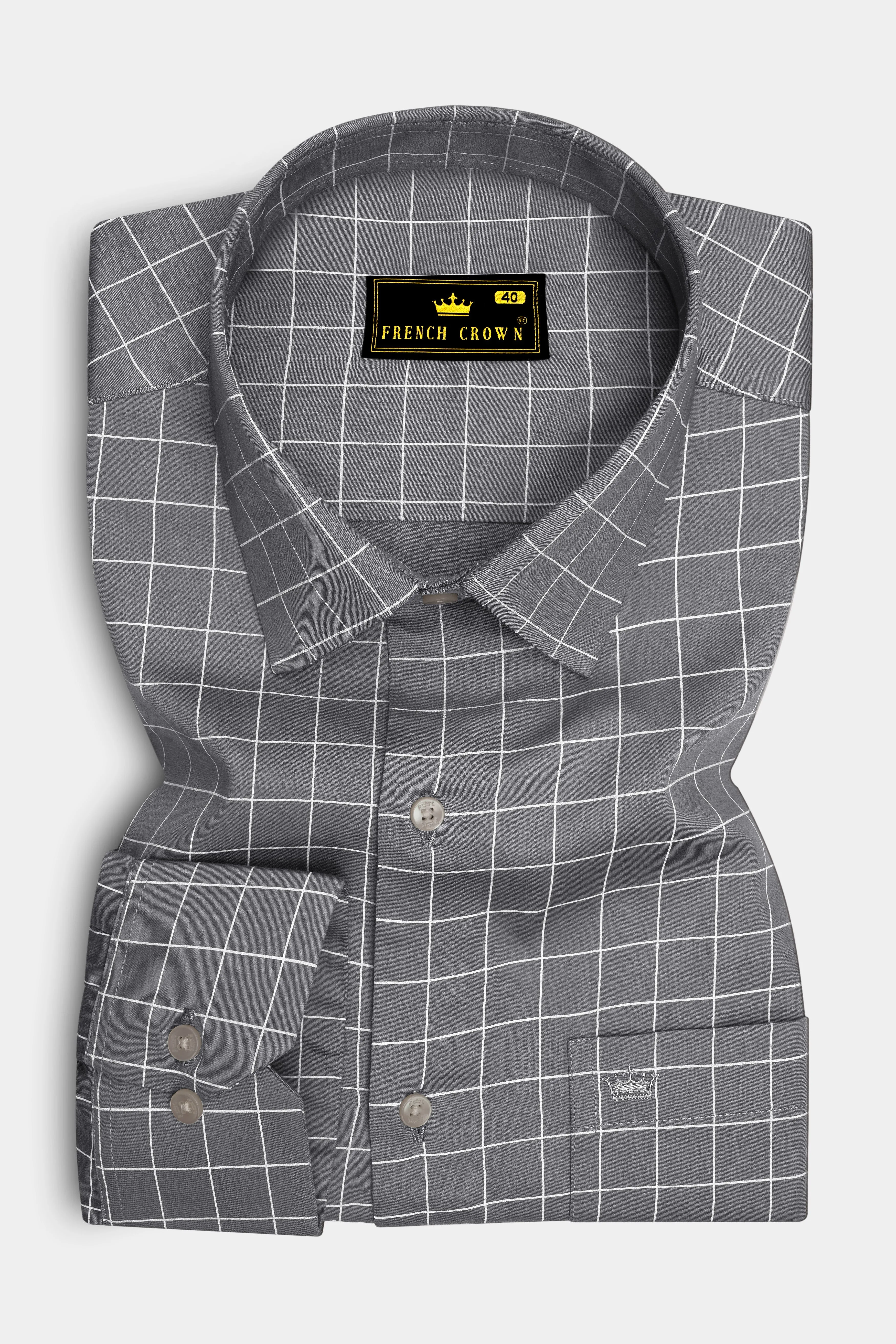 Argent-Shuttle Gray And Bright White Windowpane Subtle Sheen Super Soft Premium Cotton Dress Shirt sold by French Crown product image thumbnail 4