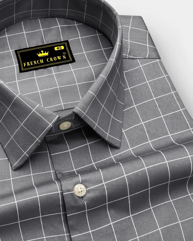 Argent-Shuttle Gray And Bright White Windowpane Subtle Sheen Super Soft Premium Cotton Dress Shirt made by French Crown