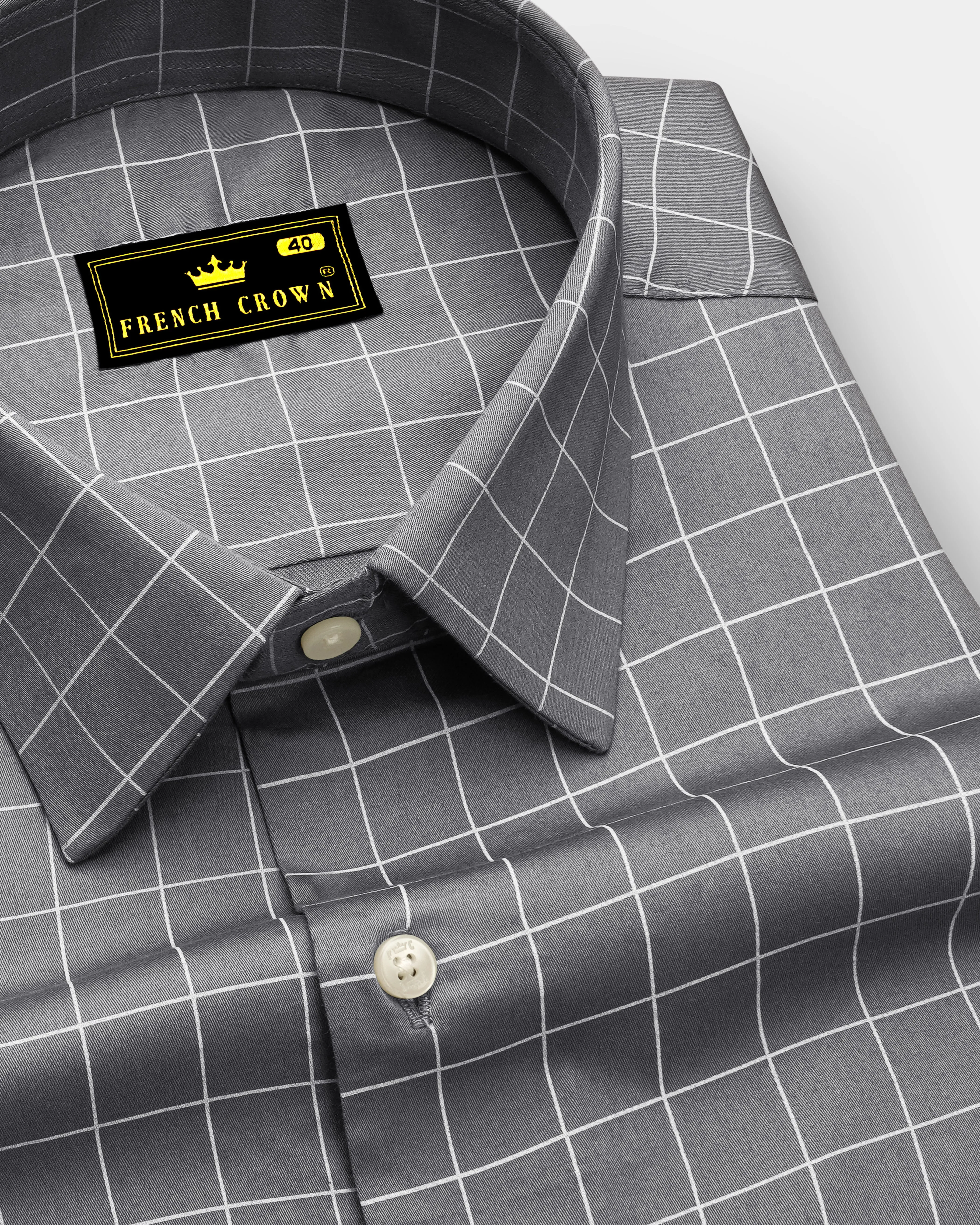 Argent-Shuttle Gray And Bright White Windowpane Subtle Sheen Super Soft Premium Cotton Dress Shirt sold by French Crown