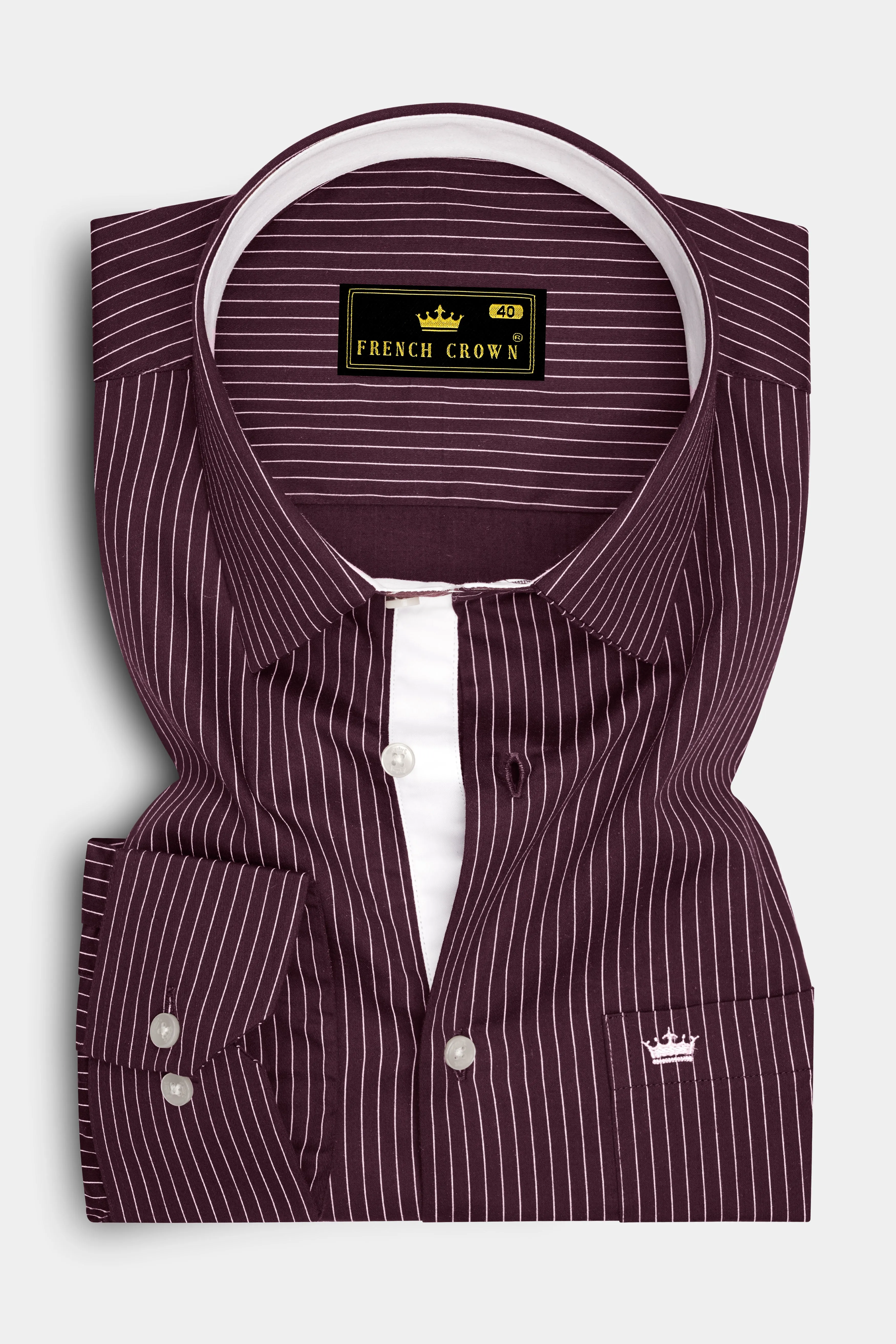 Claret-Aubergine Maroon And Bright White Pin Striped Subtle Sheen Soft Premium Cotton Dress Shirt sold by French Crown product image thumbnail 4