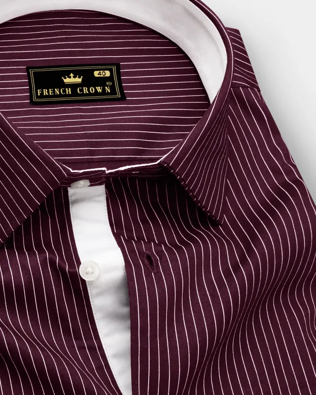 Claret-Aubergine Maroon And Bright White Pin Striped Subtle Sheen Soft Premium Cotton Dress Shirt made by French Crown