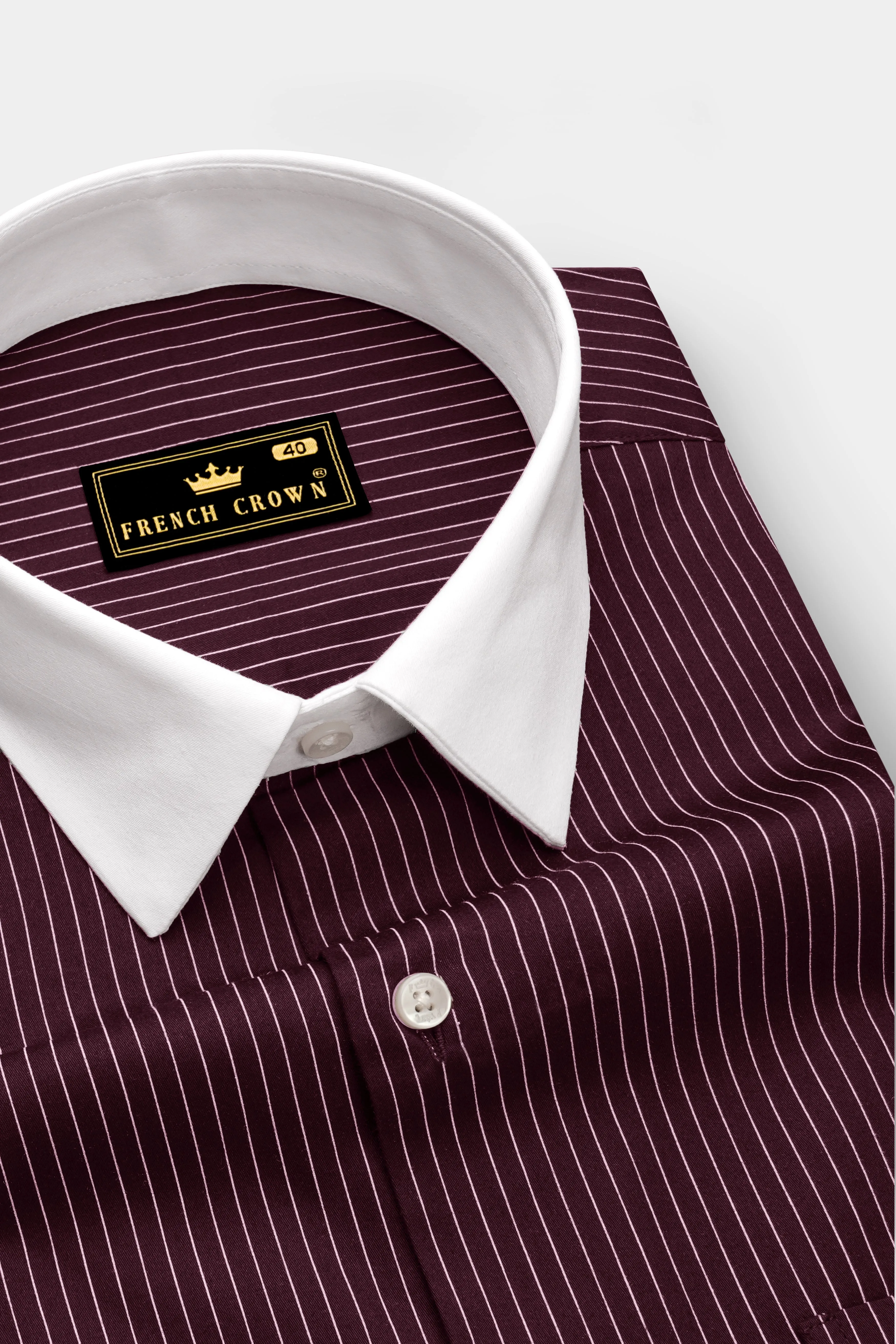 Claret-Aubergine Maroon And Bright White Pin Striped Subtle Sheen Super Soft Premium Cotton Dress White Cuff Collar Shirt sold by French Crown product image thumbnail 4