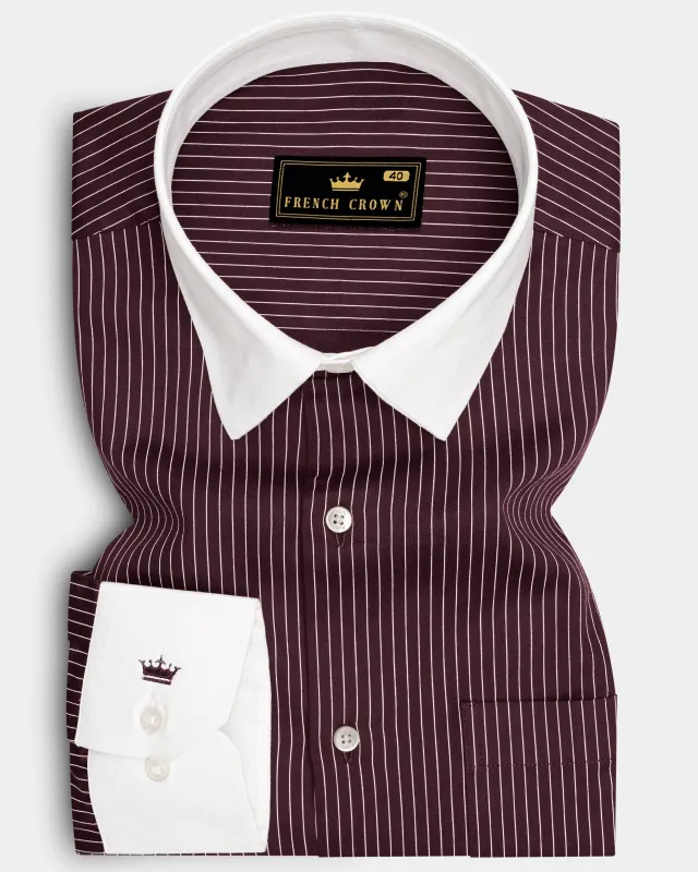 Claret-Aubergine Maroon And Bright White Pin Striped Subtle Sheen Super Soft Premium Cotton Dress White Cuff Collar Shirt made by French Crown
