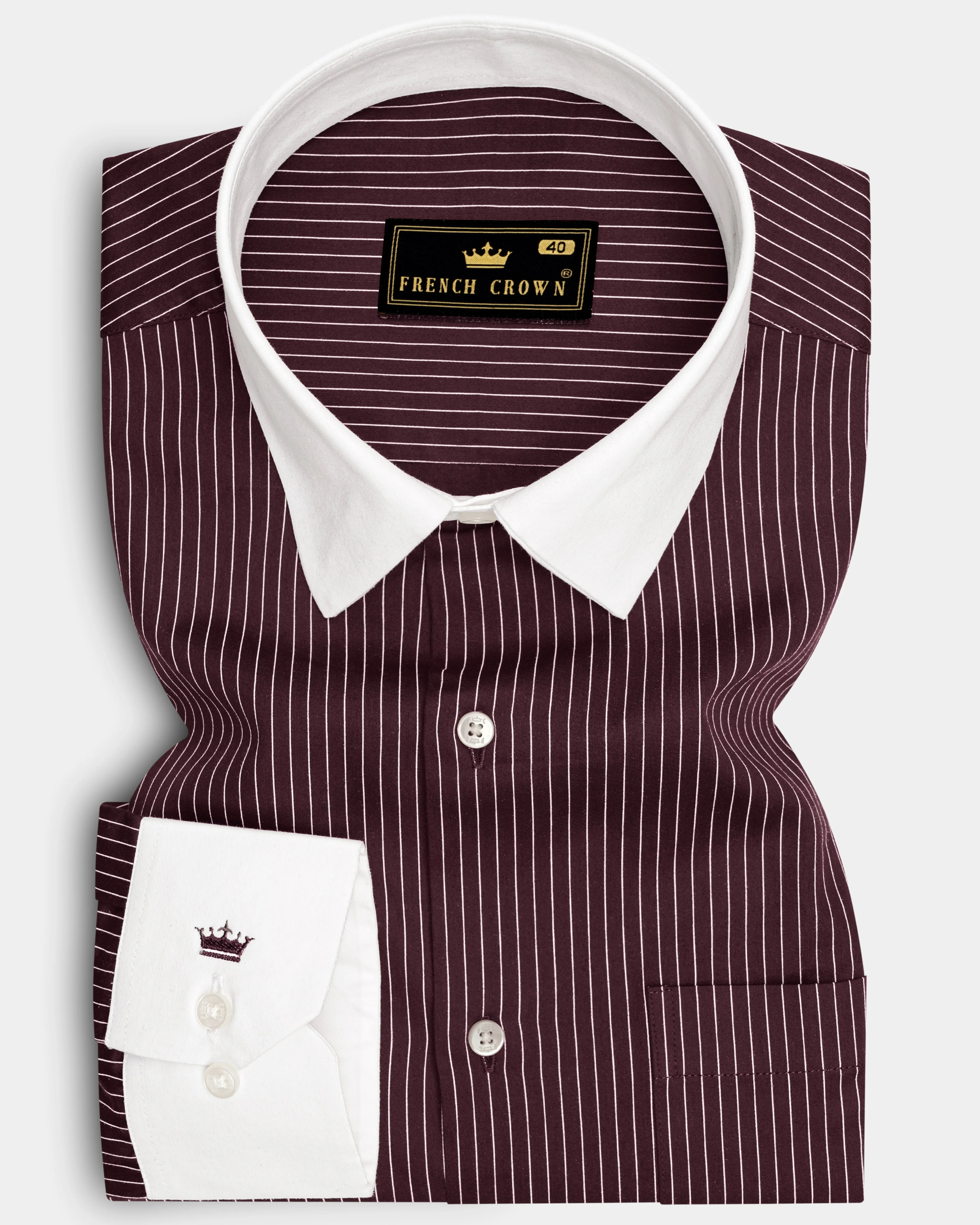 Claret-Aubergine Maroon And Bright White Pin Striped Subtle Sheen Super Soft Premium Cotton Dress White Cuff Collar Shirt sold by French Crown