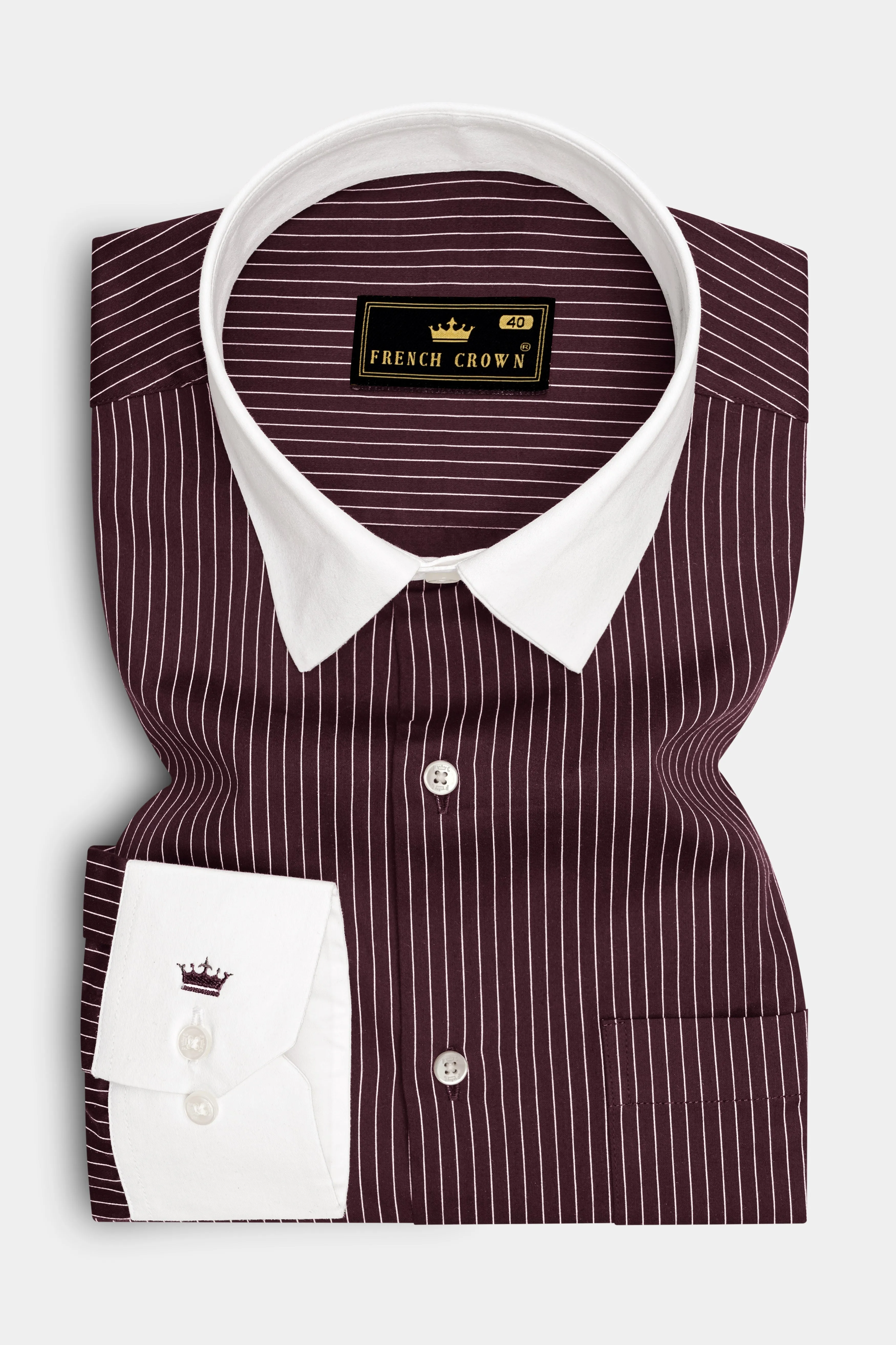 Claret-Aubergine Maroon And Bright White Pin Striped Subtle Sheen Super Soft Premium Cotton Dress White Cuff Collar Shirt sold by French Crown product image thumbnail 2