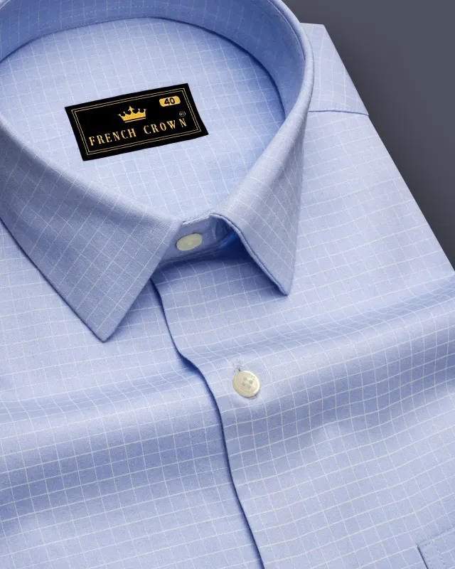 Mariner-Perano Blue And Bright White Plaid Subtle Sheen Super Soft Premium Cotton Dress Shirt made by French Crown