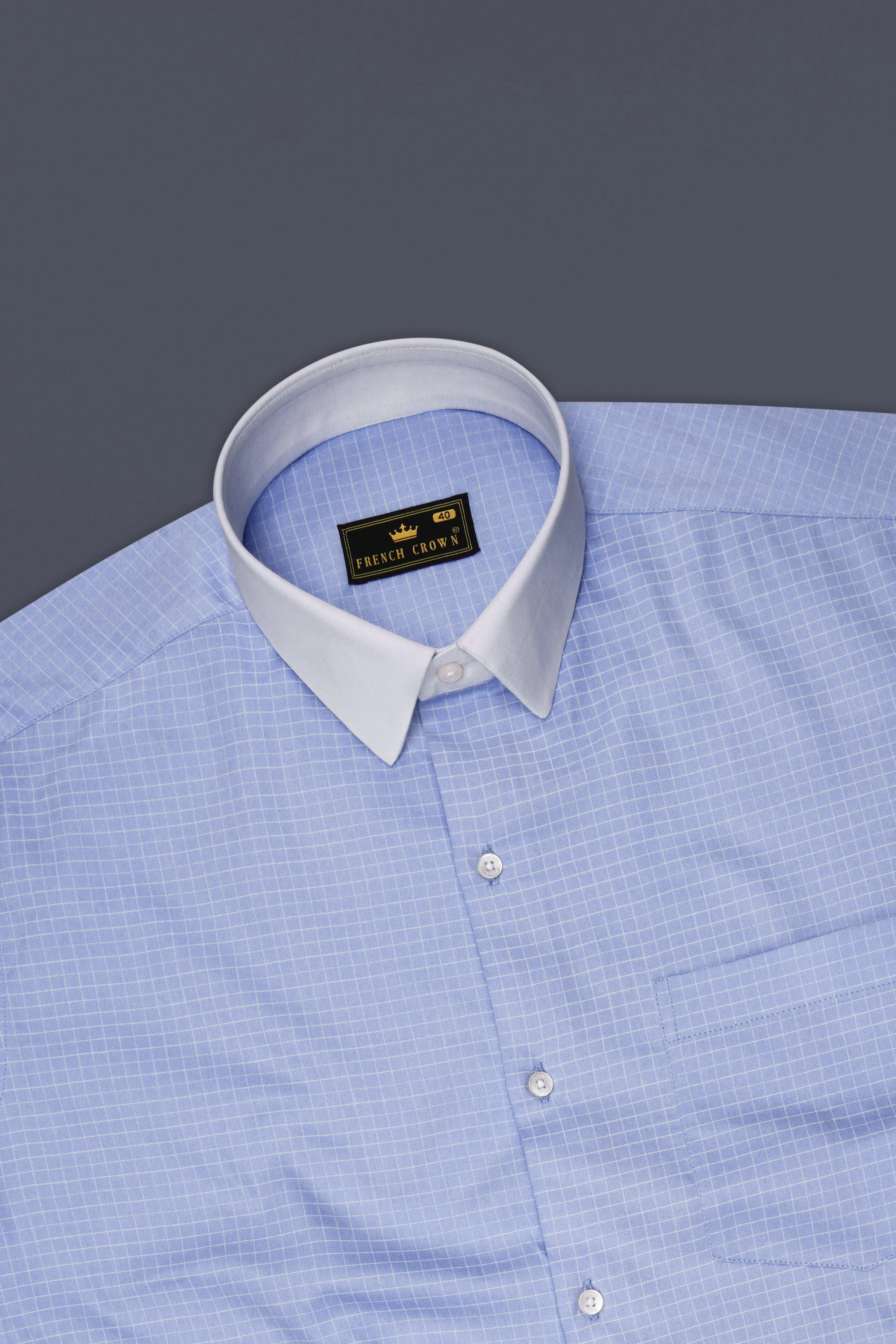 Mariner-Perano Blue And Bright White Plaid Subtle Sheen Super Soft Premium Cotton Dress White Cuff Collar Shirt sold by French Crown product image thumbnail 5