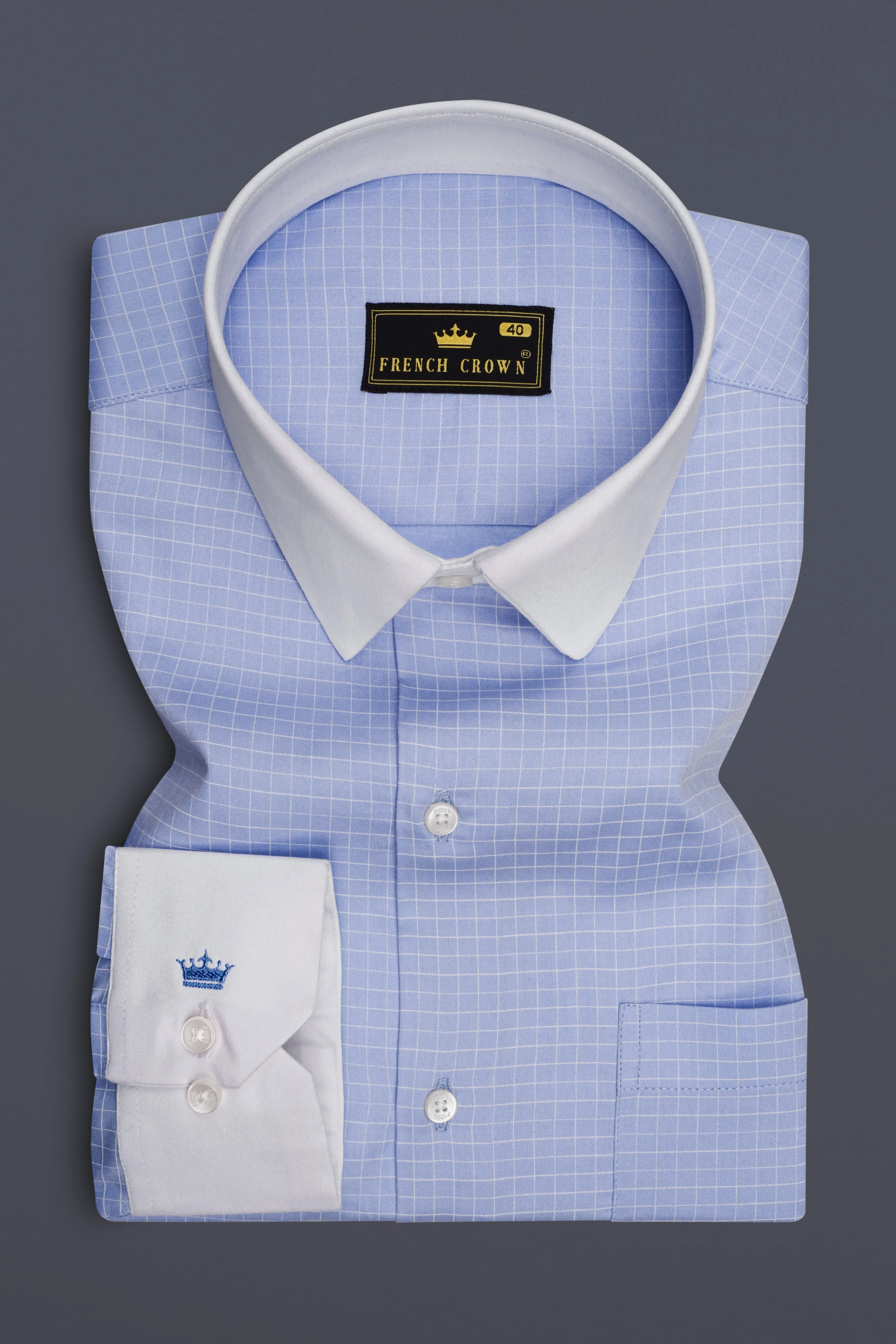 Mariner-Perano Blue And Bright White Plaid Subtle Sheen Super Soft Premium Cotton Dress White Cuff Collar Shirt sold by French Crown product image thumbnail 2
