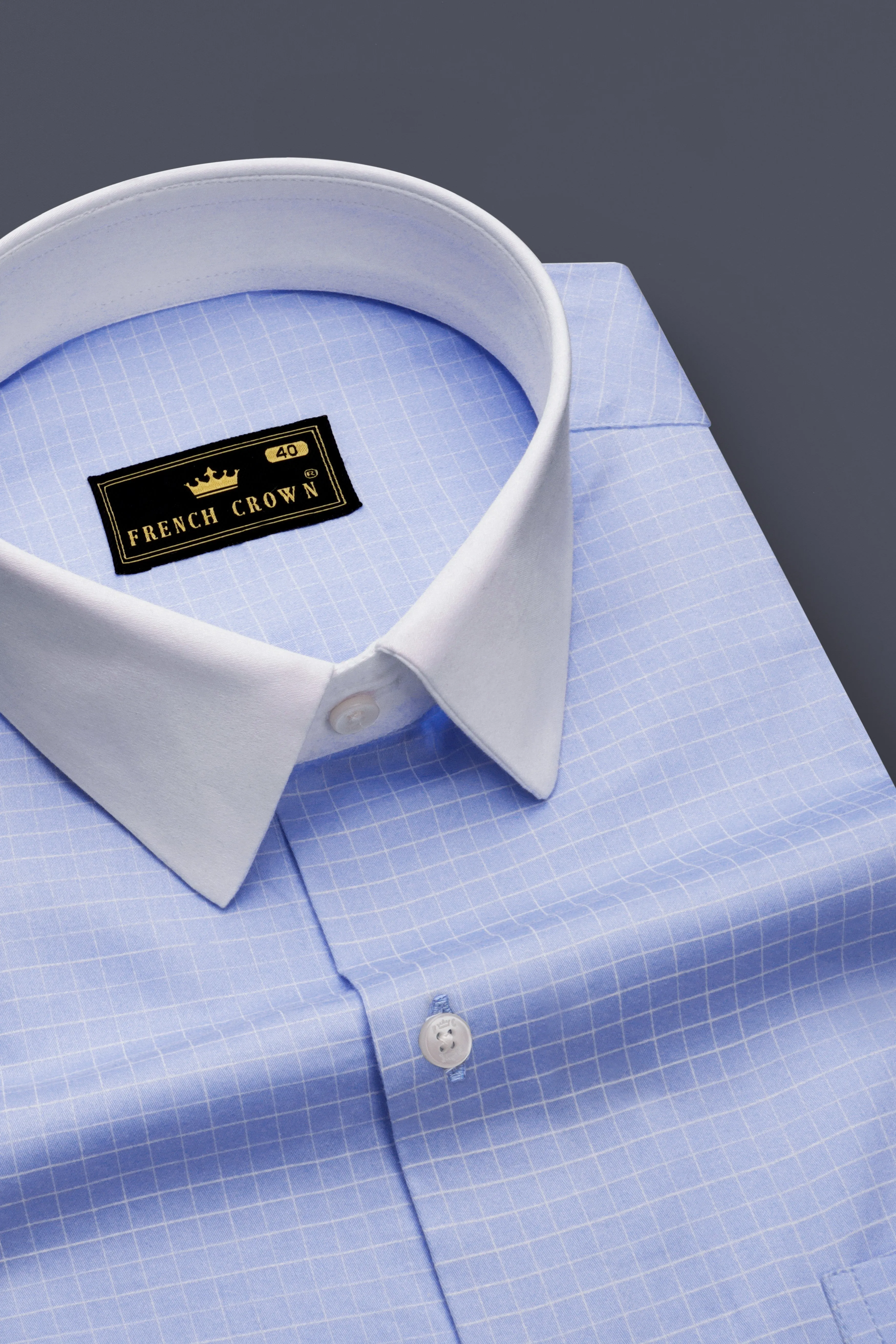 Mariner-Perano Blue And Bright White Plaid Subtle Sheen Super Soft Premium Cotton Dress White Cuff Collar Shirt sold by French Crown product image thumbnail 4