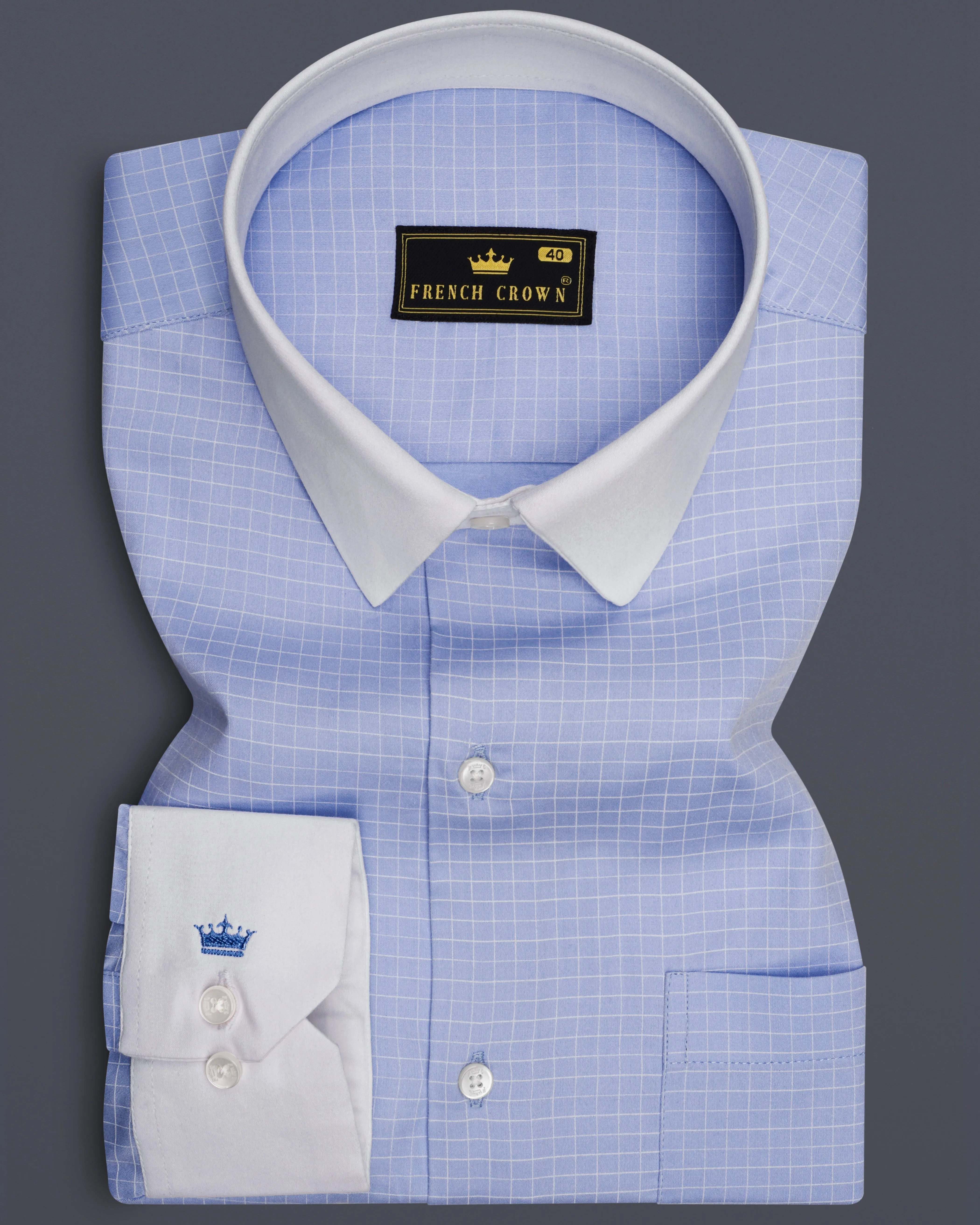 Mariner-Perano Blue And Bright White Plaid Subtle Sheen Super Soft Premium Cotton Dress White Cuff Collar Shirt sold by French Crown