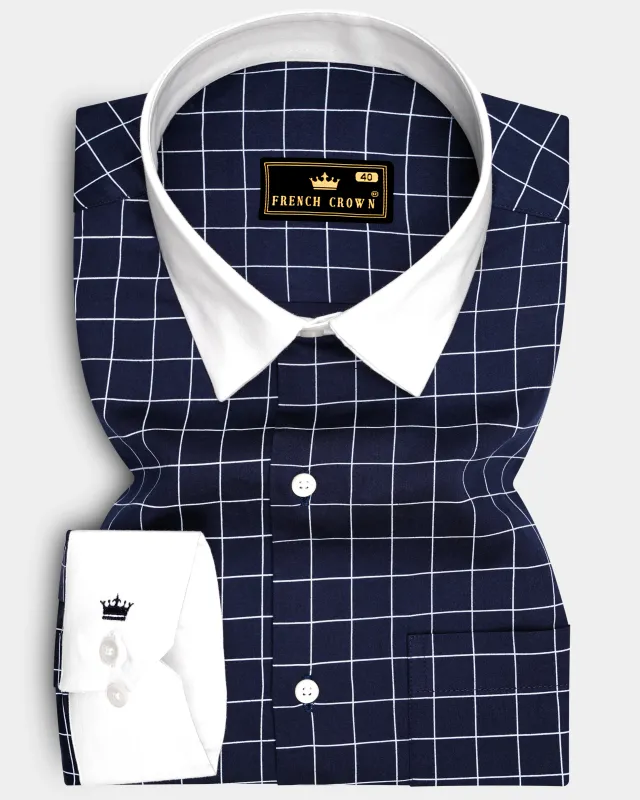 Azure-Mirage Blue And Bright White Windowpane Subtle Sheen Super Soft Premium Cotton Dress White Cuff Collar Shirt made by French Crown