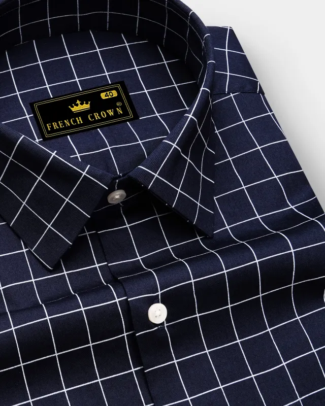 Azure-Mirage Blue And Bright White Windowpane Subtle Sheen Super Soft Premium Cotton Dress Shirt made by French Crown