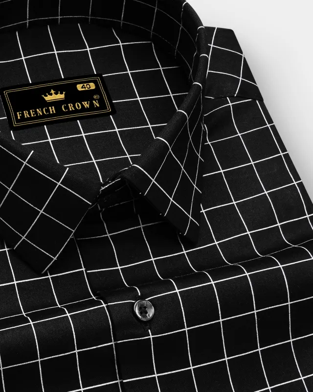 Obsidian-Jade Black And Bright White Windowpane Subtle Sheen Super Soft Premium Cotton Dress Shirt made by French Crown