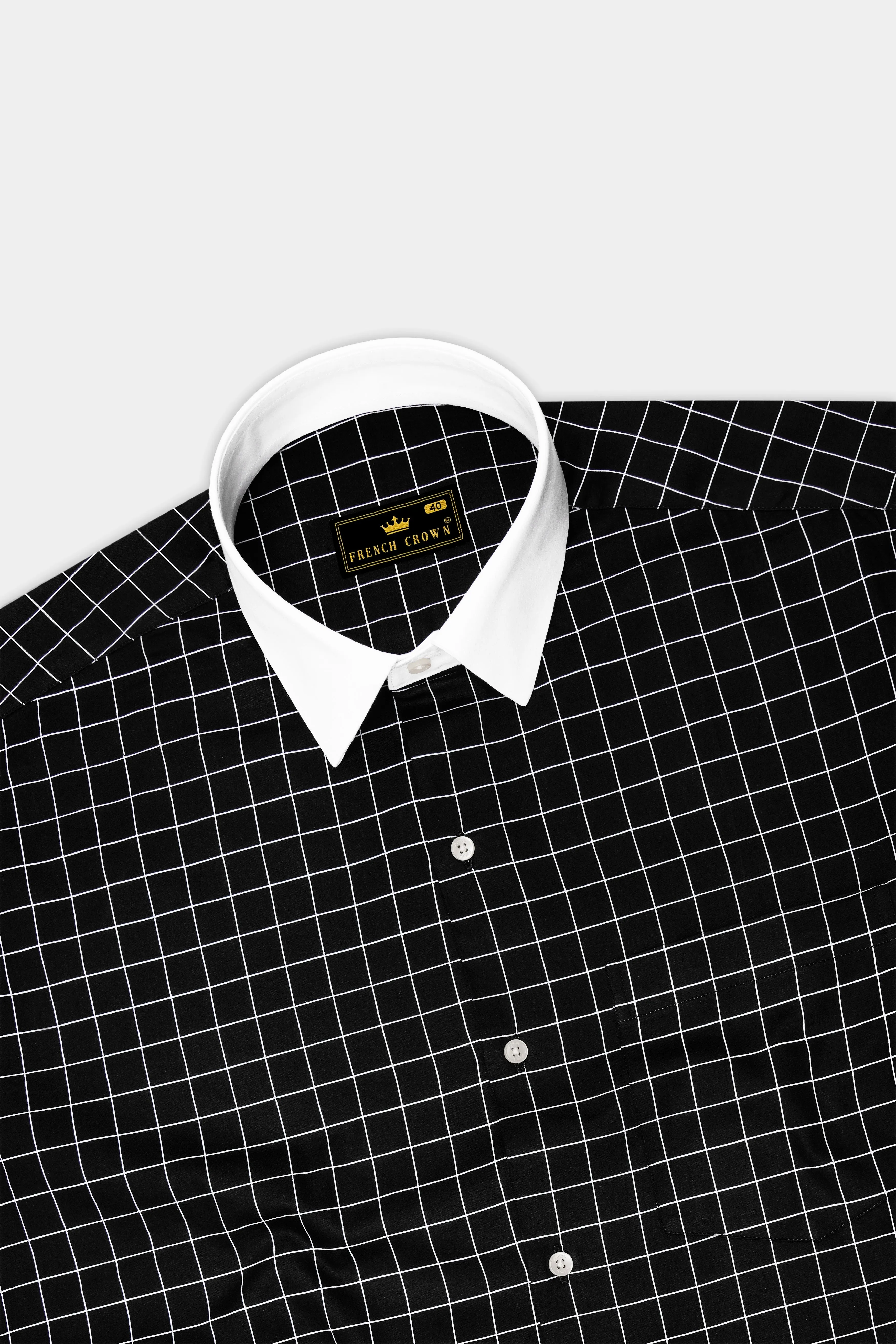 Obsidian-Jade Black And Bright White Windowpane Subtle Sheen Super Soft Premium Cotton Dress White Cuff Collar Shirt sold by French Crown product image thumbnail 5