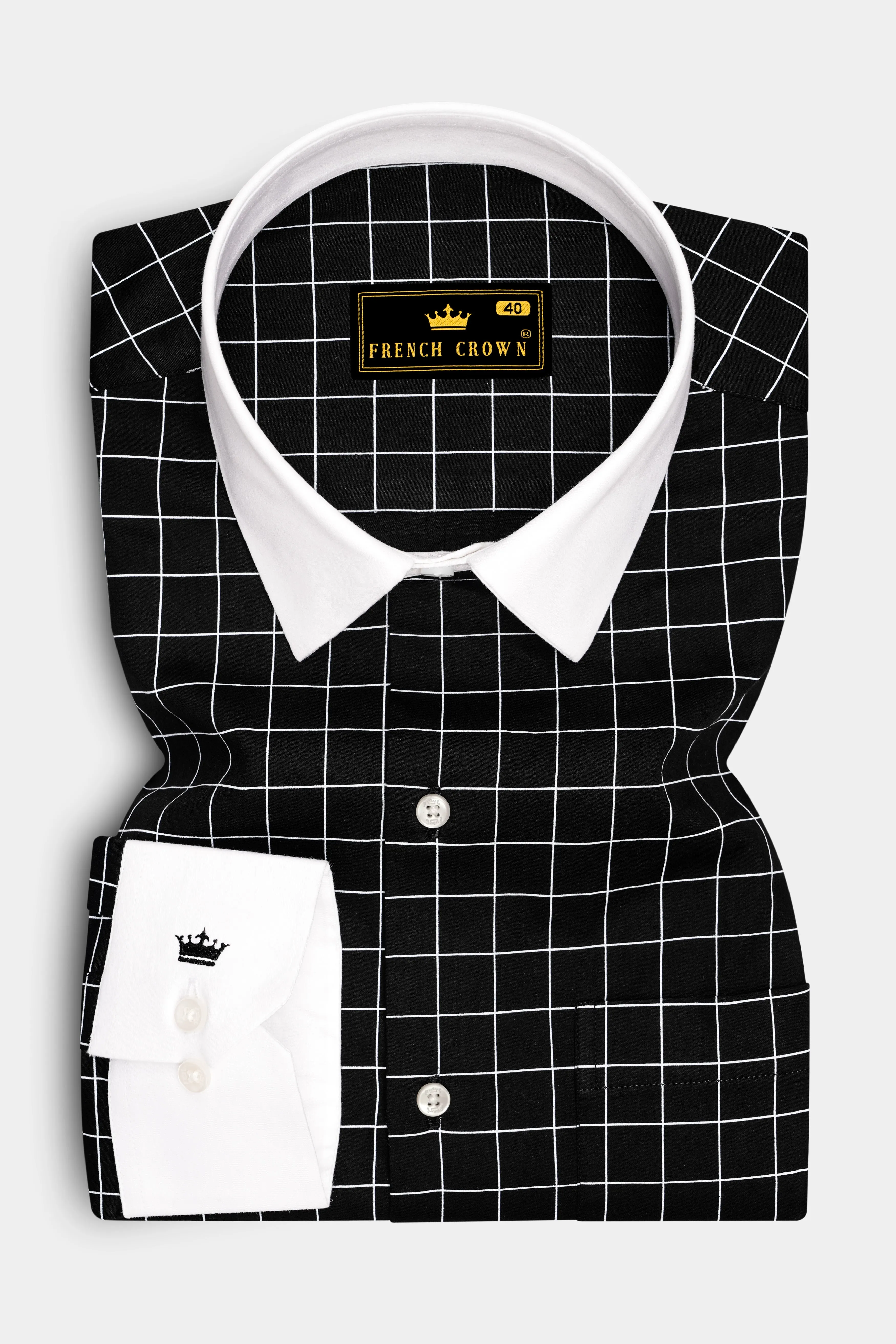 Obsidian-Jade Black And Bright White Windowpane Subtle Sheen Super Soft Premium Cotton Dress White Cuff Collar Shirt sold by French Crown product image thumbnail 2
