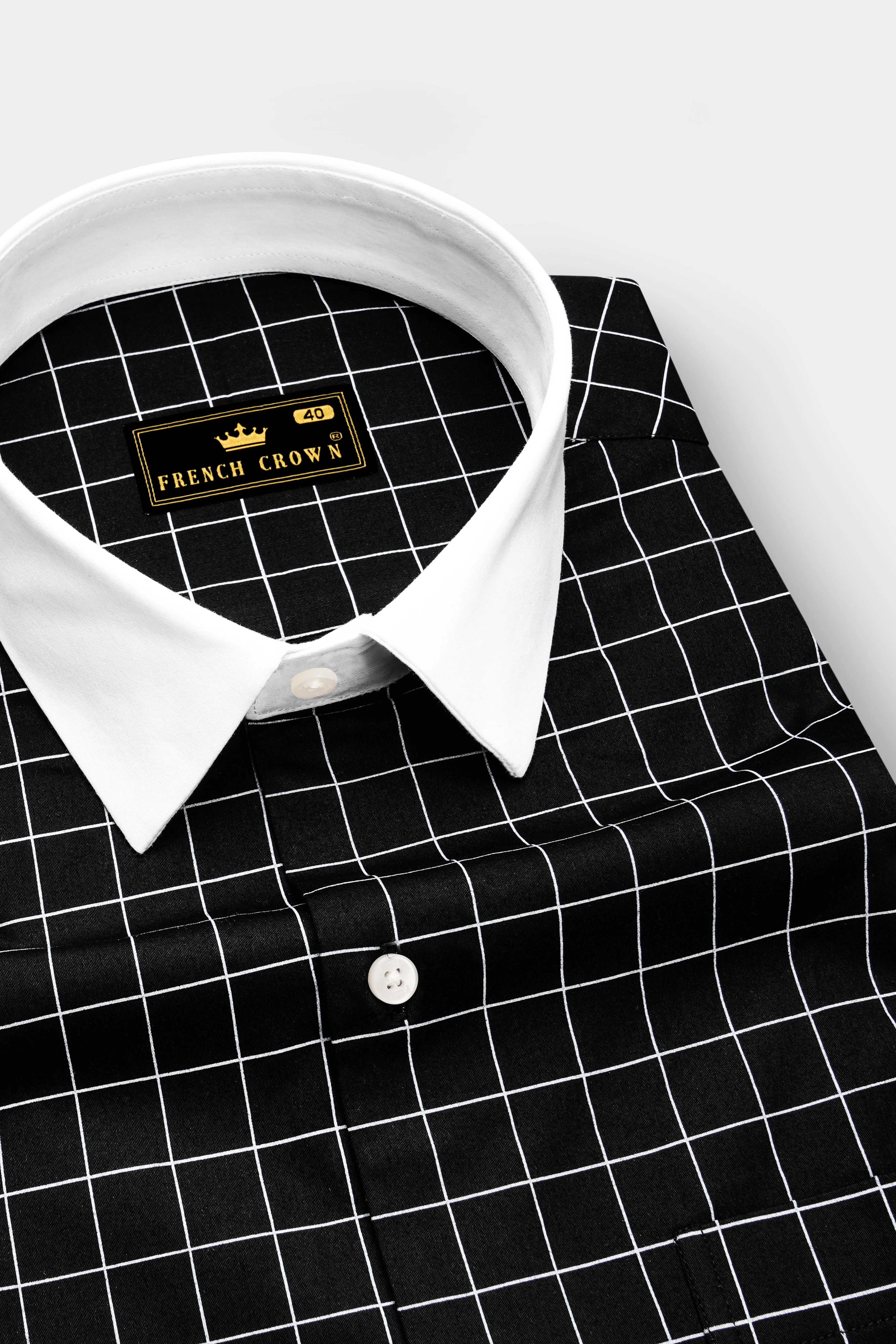 Obsidian-Jade Black And Bright White Windowpane Subtle Sheen Super Soft Premium Cotton Dress White Cuff Collar Shirt sold by French Crown product image thumbnail 4