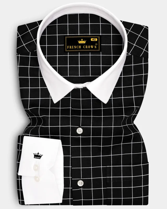 Obsidian-Jade Black And Bright White Windowpane Subtle Sheen Super Soft Premium Cotton Dress White Cuff Collar Shirt made by French Crown