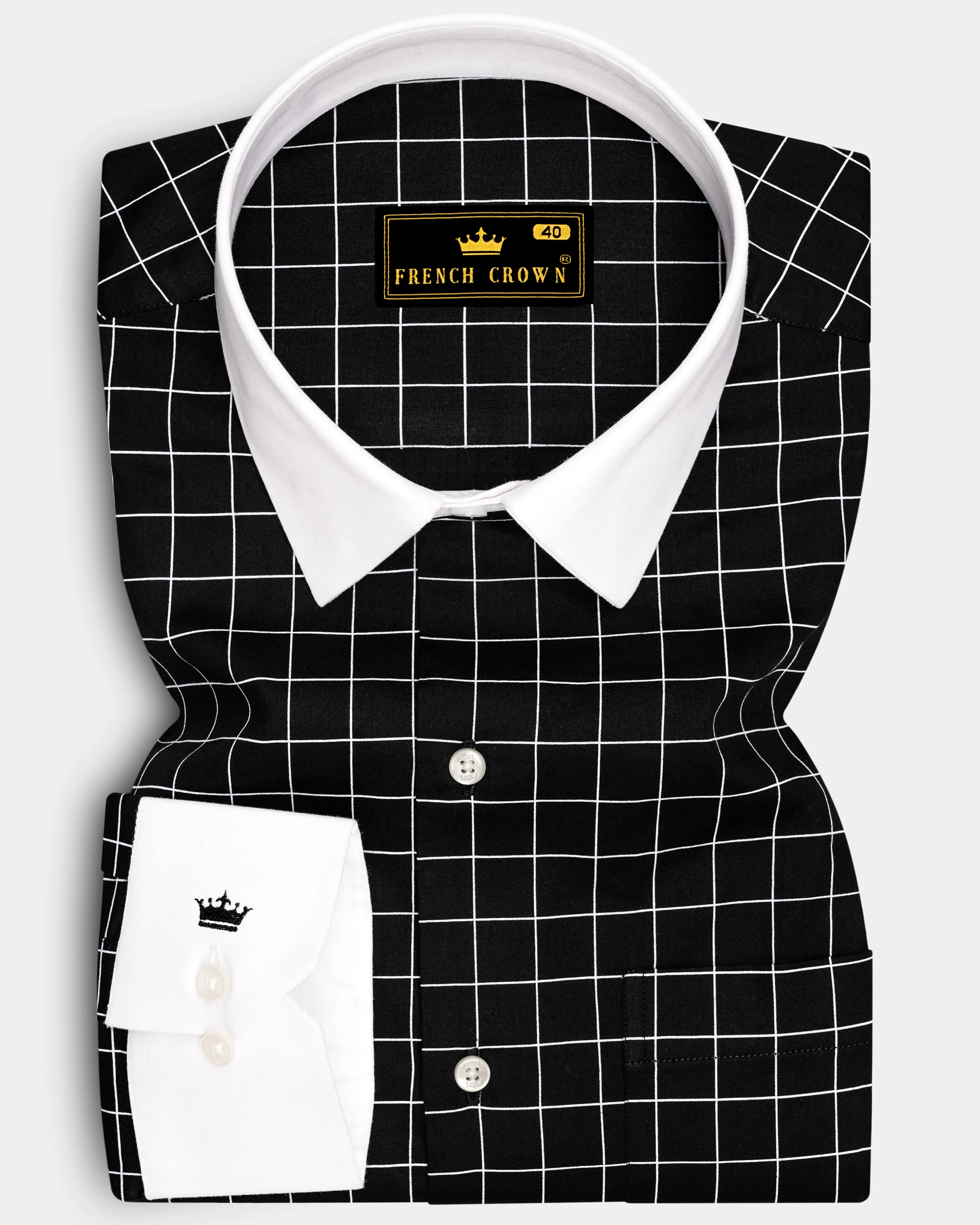 Obsidian-Jade Black And Bright White Windowpane Subtle Sheen Super Soft Premium Cotton Dress White Cuff Collar Shirt sold by French Crown