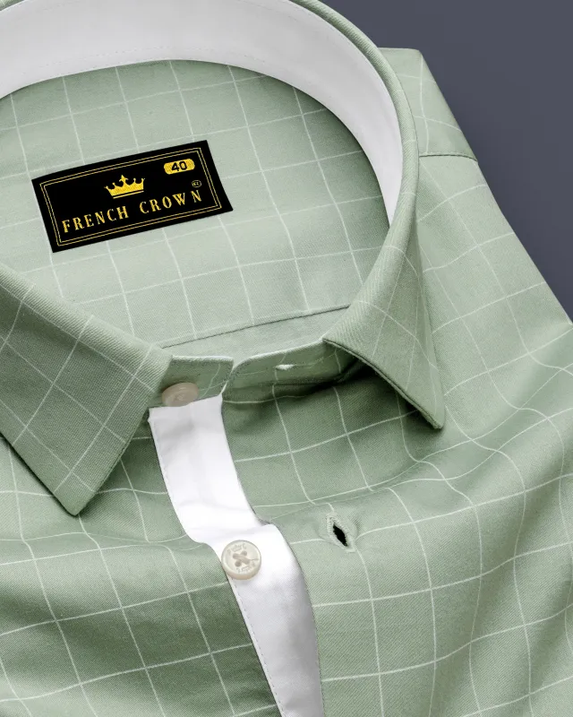 Verdant-Chalice Green And Bright White Windowpane Subtle Sheen Soft Premium Cotton Dress Shirt made by French Crown