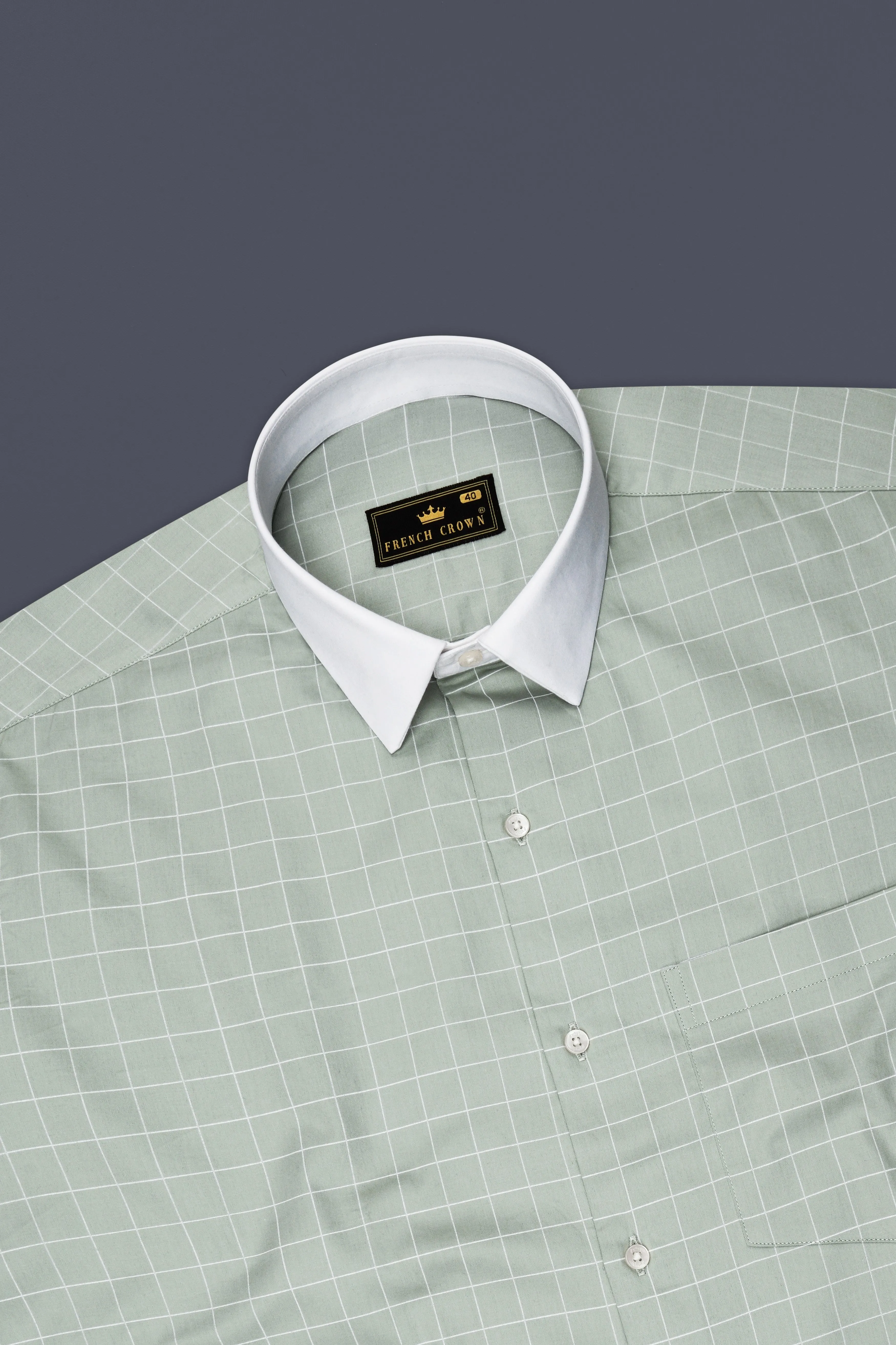 Verdant-Chalice Green And Bright White Windowpane Subtle Sheen Super Soft Premium Cotton Dress White Cuff Collar Shirt sold by French Crown product image thumbnail 5