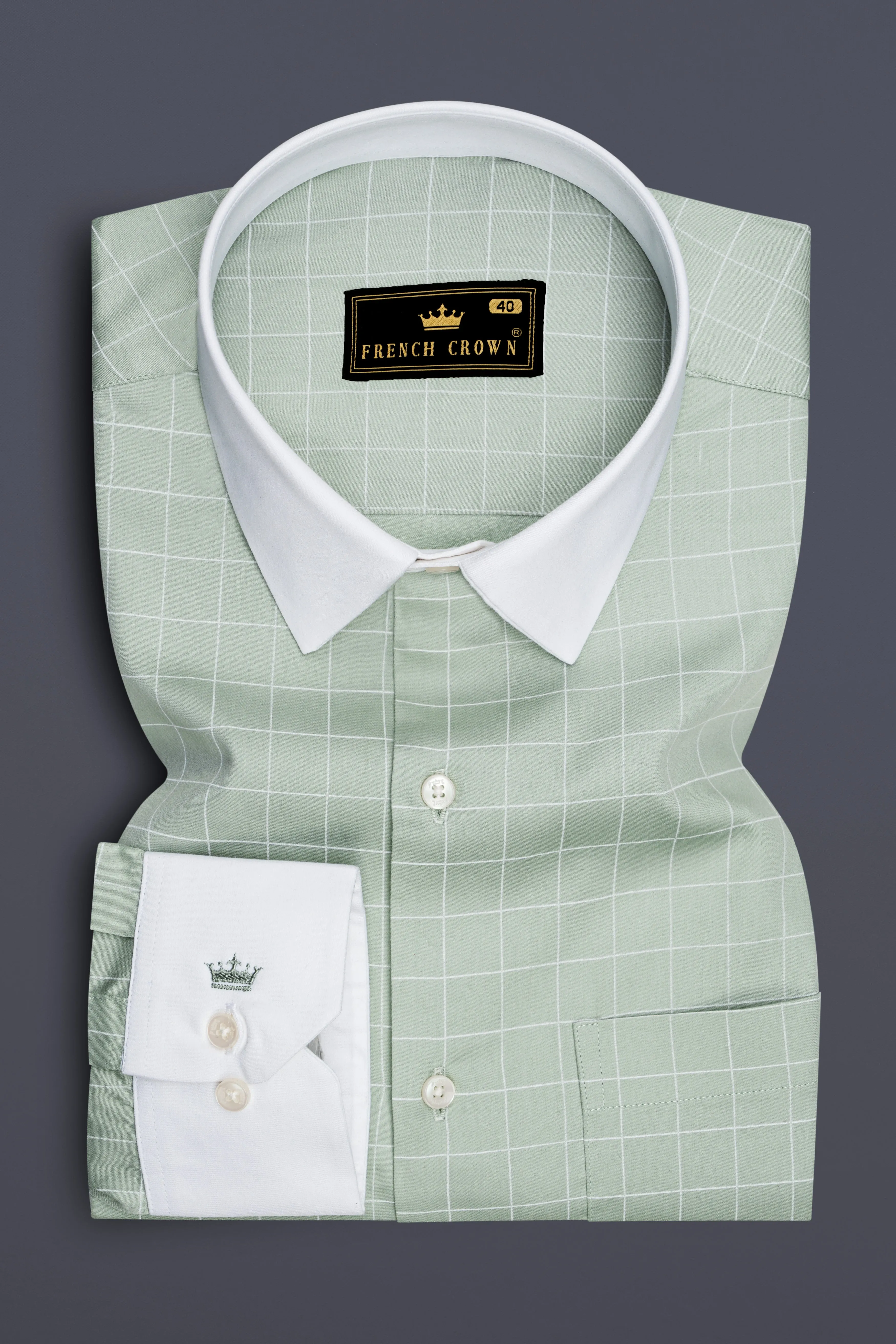 Verdant-Chalice Green And Bright White Windowpane Subtle Sheen Super Soft Premium Cotton Dress White Cuff Collar Shirt sold by French Crown product image thumbnail 2